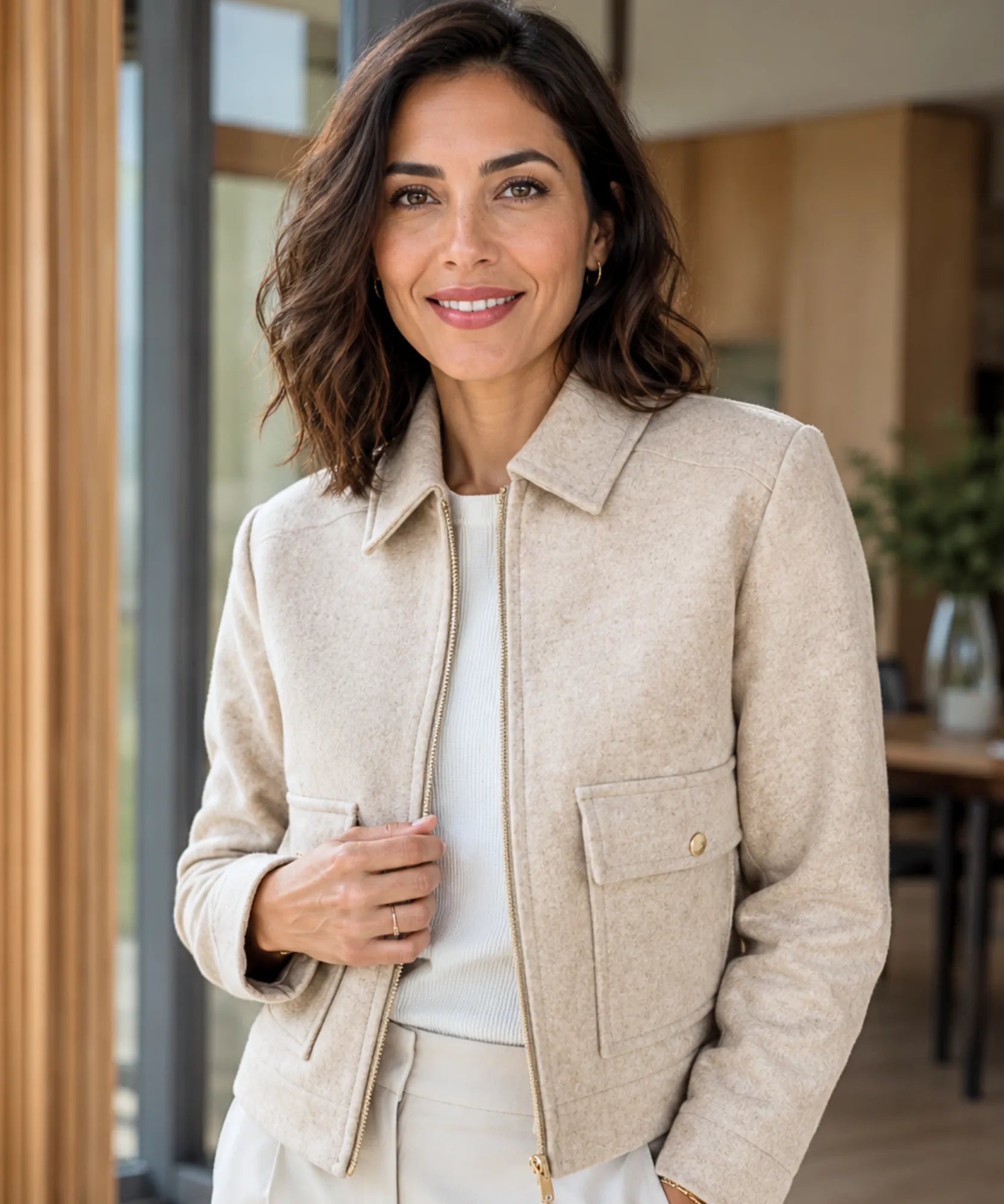 Women's wool jacket in ivory with gold zipper detail