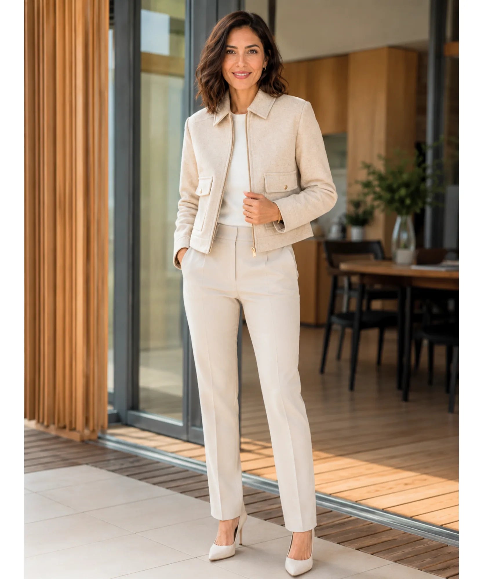 Women's structured wool jacket in ivory, front view