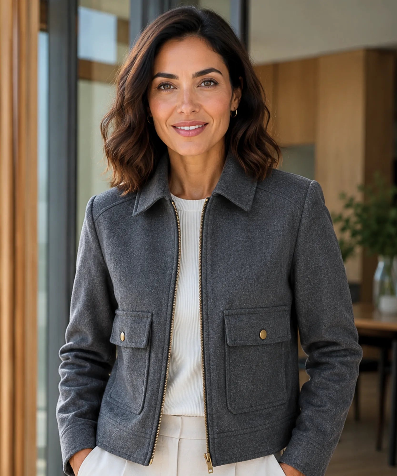 Close-up of the structured collar on the grey wool jacket