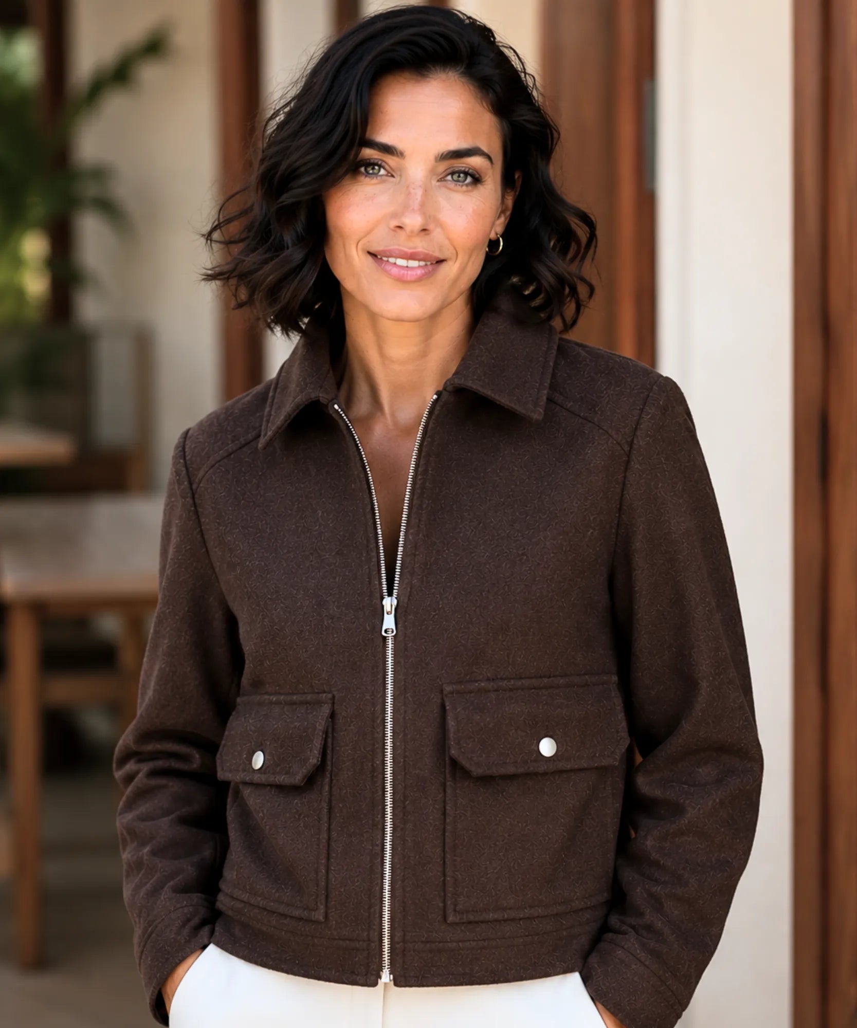Women's wool jacket in dark brown, styled with denim