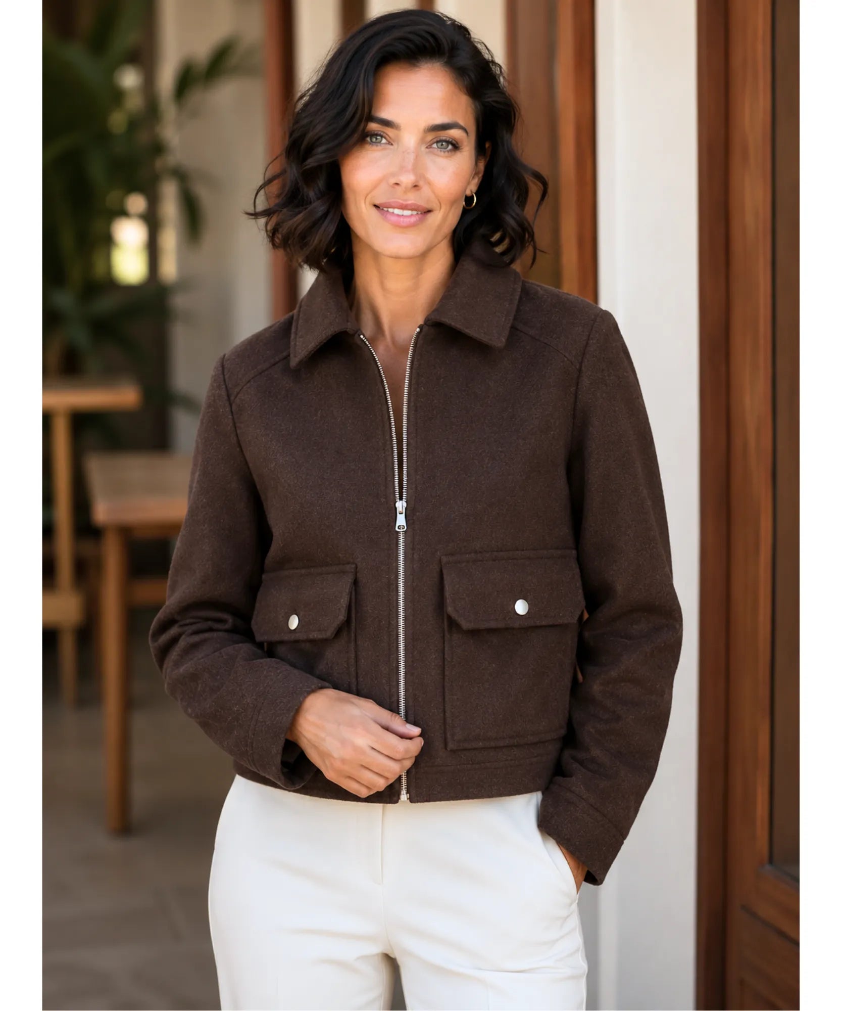 Women's wool jacket in dark brown with gold zipper detail