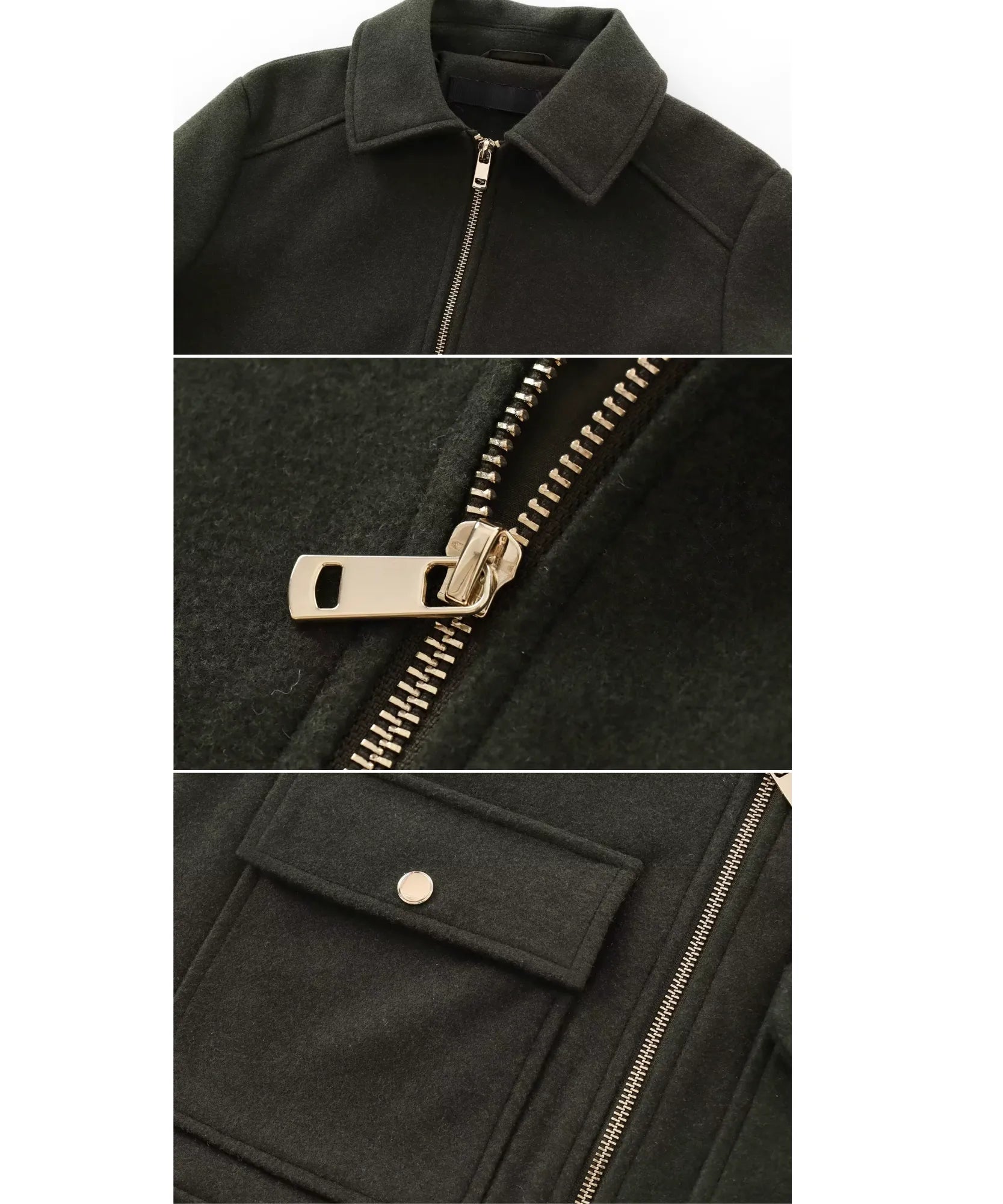 Women's wool jacket in black with gold zipper detail