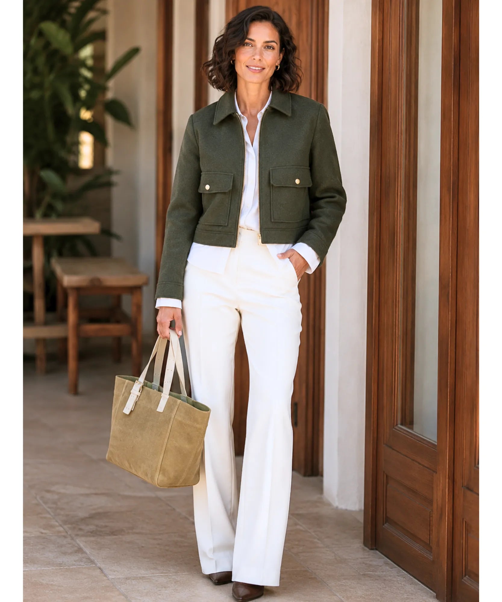 Women's wool jacket in olive green, styled with denim