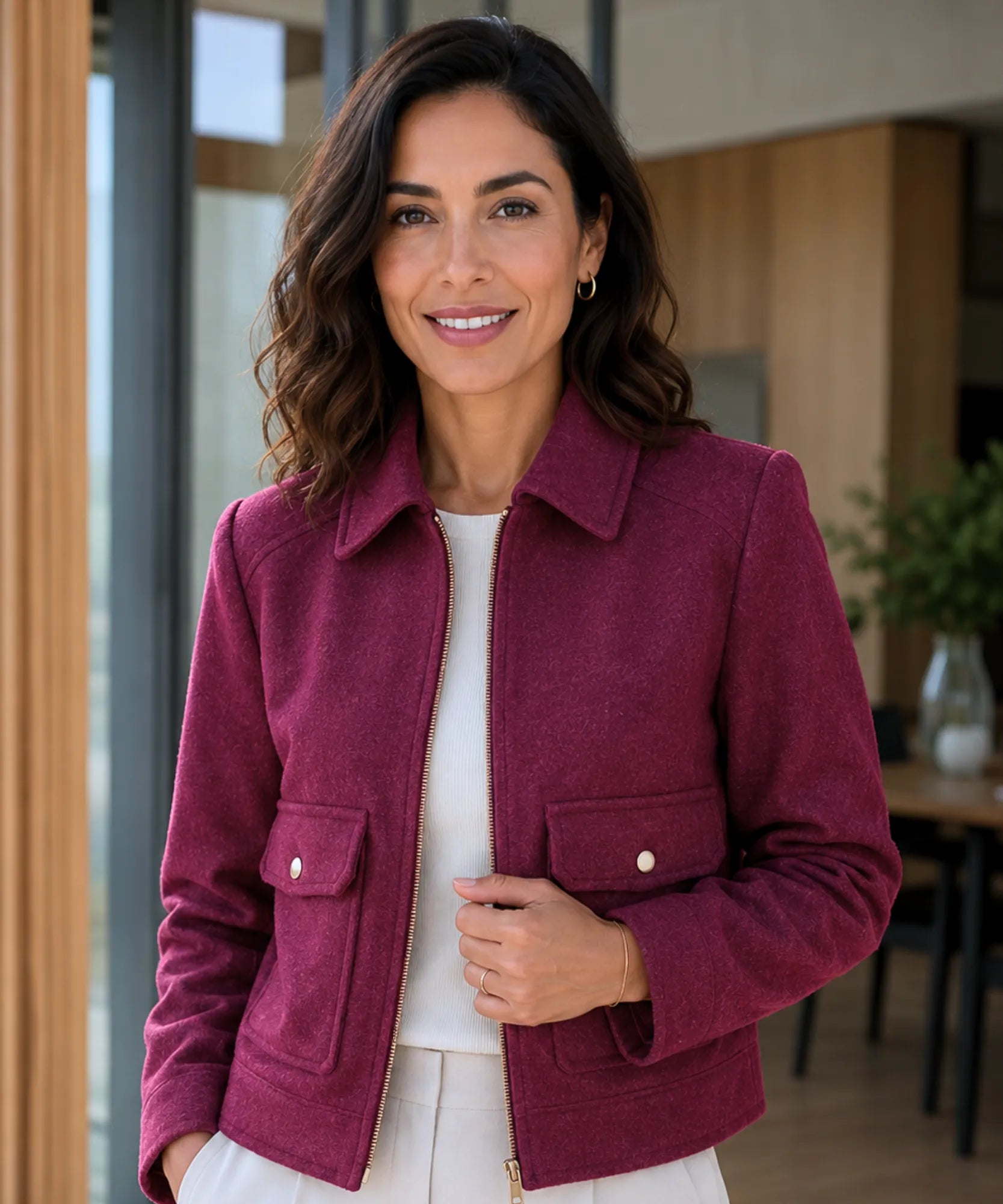 Women's structured wool jacket in burgundy, front view