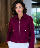 Close-up of the structured collar on the burgundy wool jacket