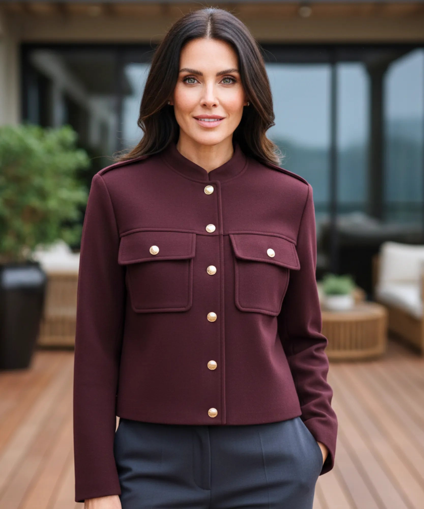 Women's military wool jacket with gold buttons in burgundy