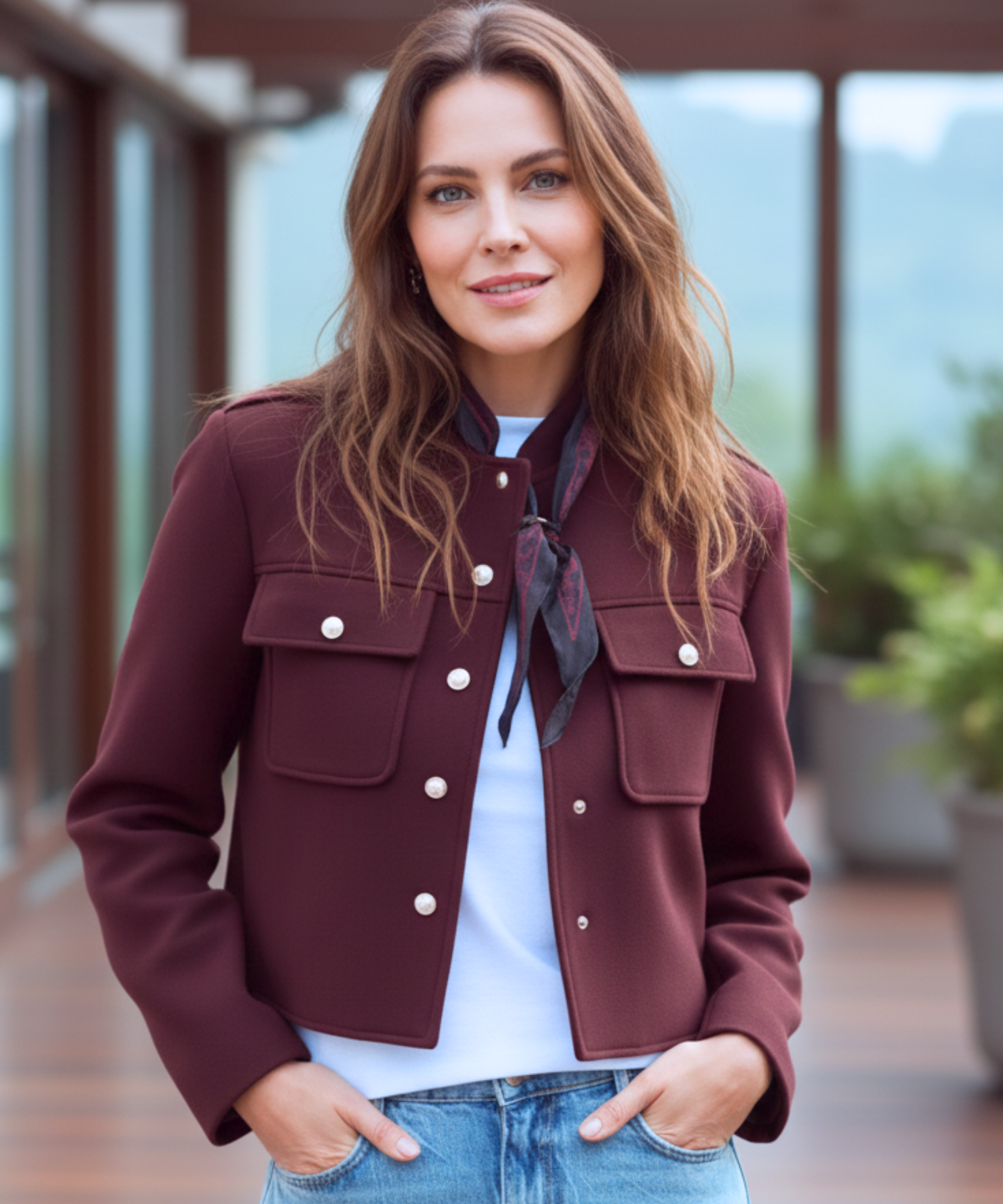 Women's tailored wool jacket in burgundy with gold buttons