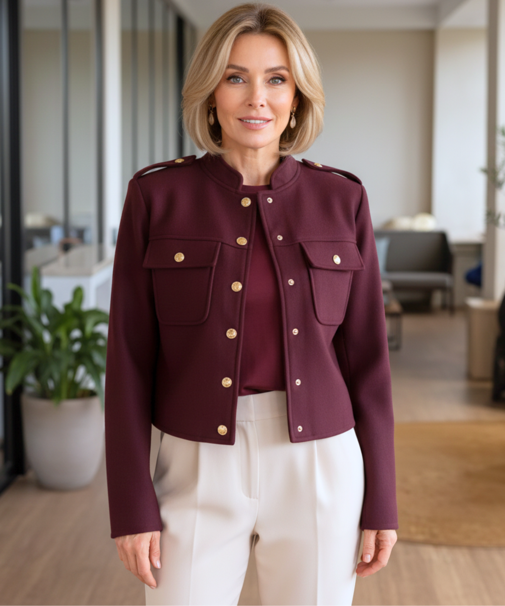 Women's military wool jacket in burgundy, back view