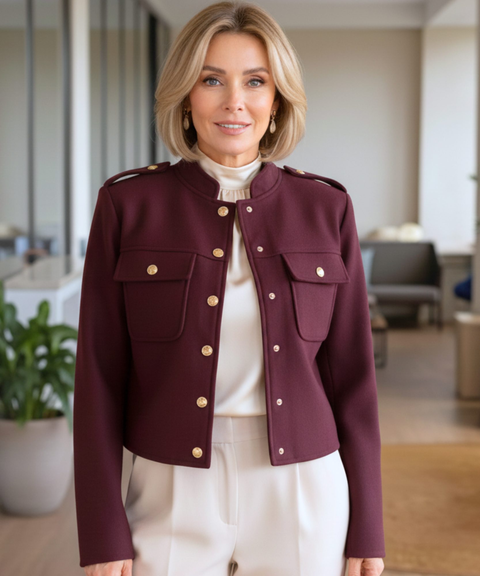 Detail of the gold buttons on the burgundy wool jacket