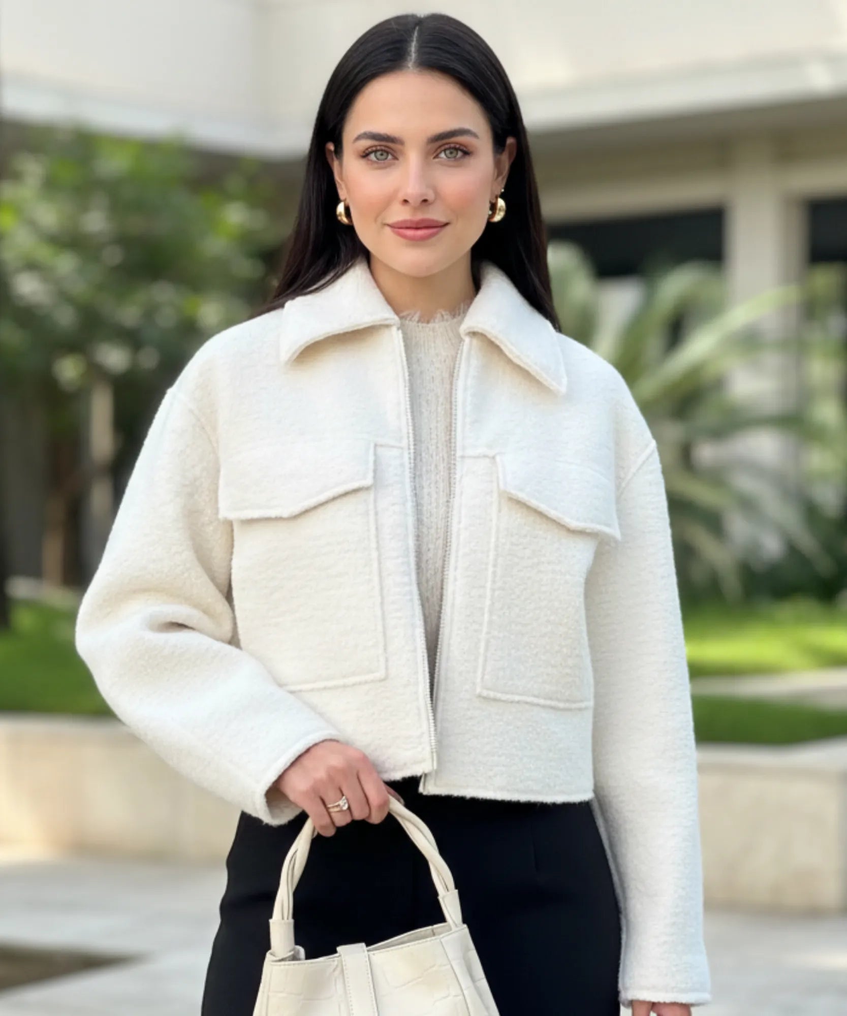 Women's oversized bouclé jacket in white, detail view