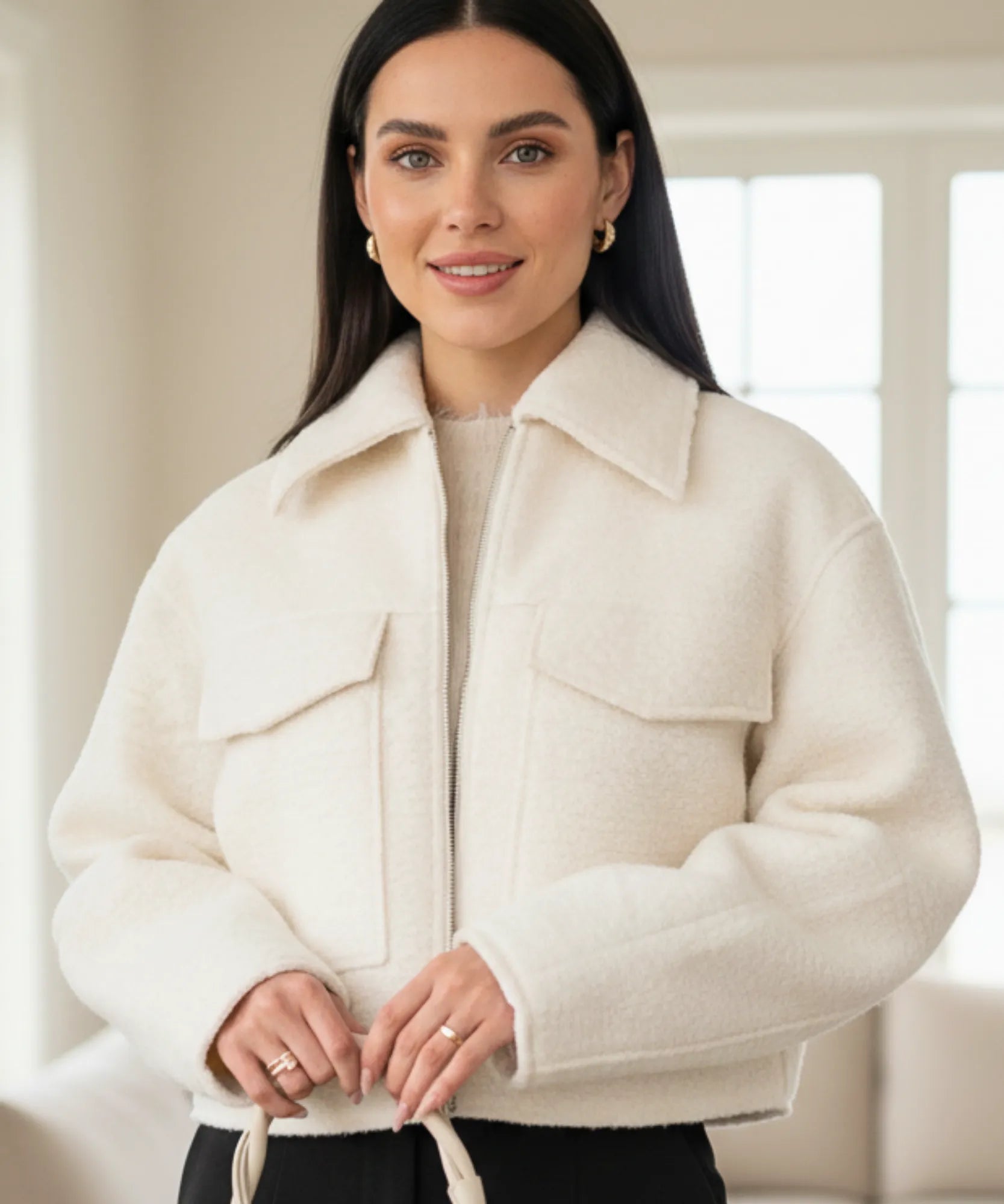 Women's oversized bouclé jacket in white, front view