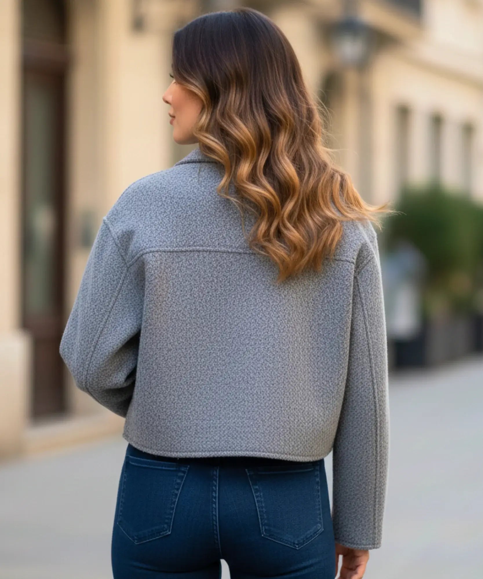 Women's oversized bouclé jacket in grey, folded detail