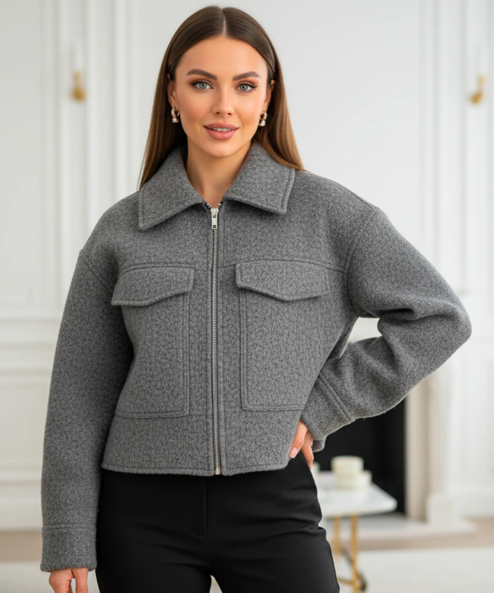 Women's oversized bouclé jacket in grey, flat lay