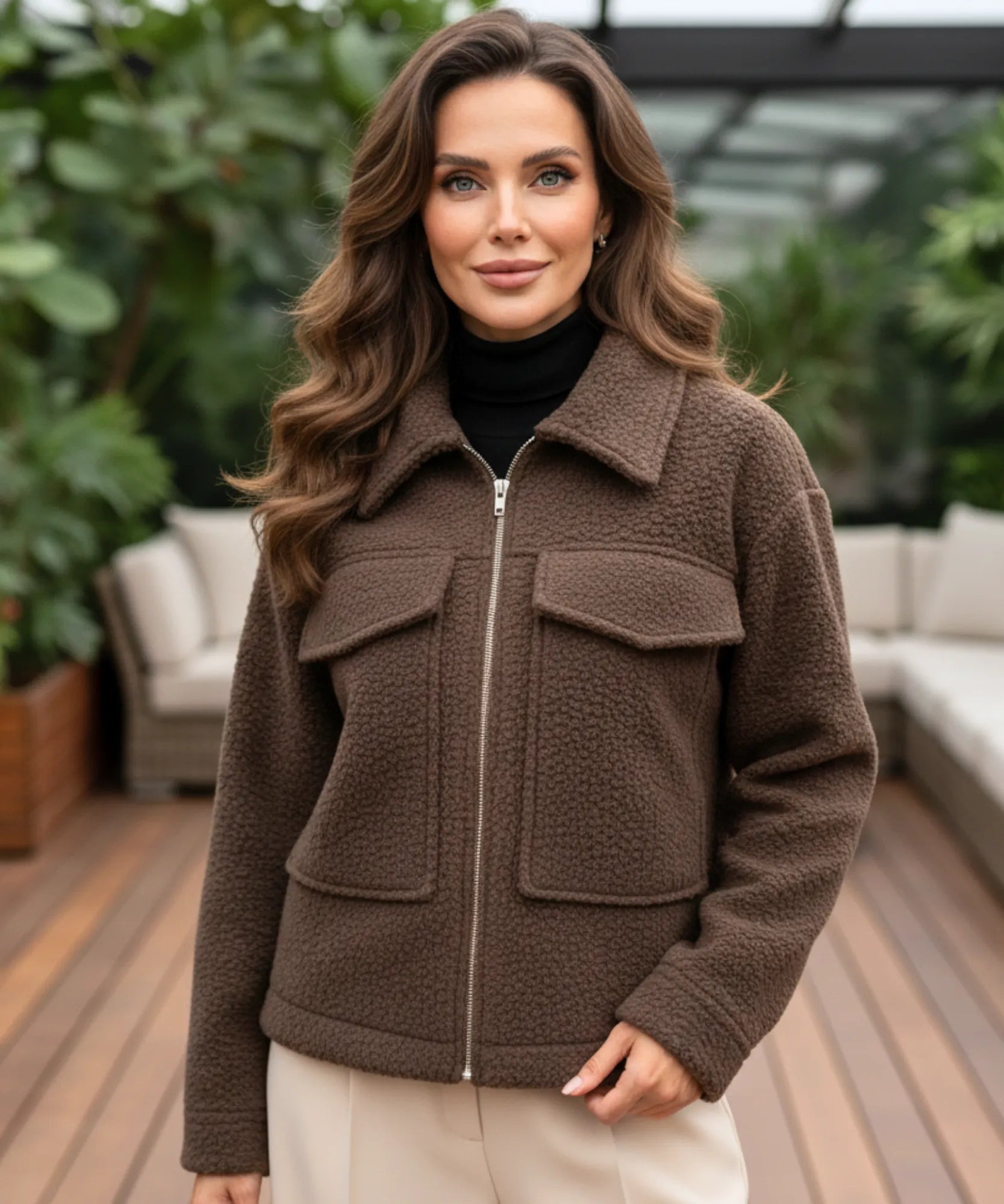 Women's oversized bouclé jacket in brown, sample colorway