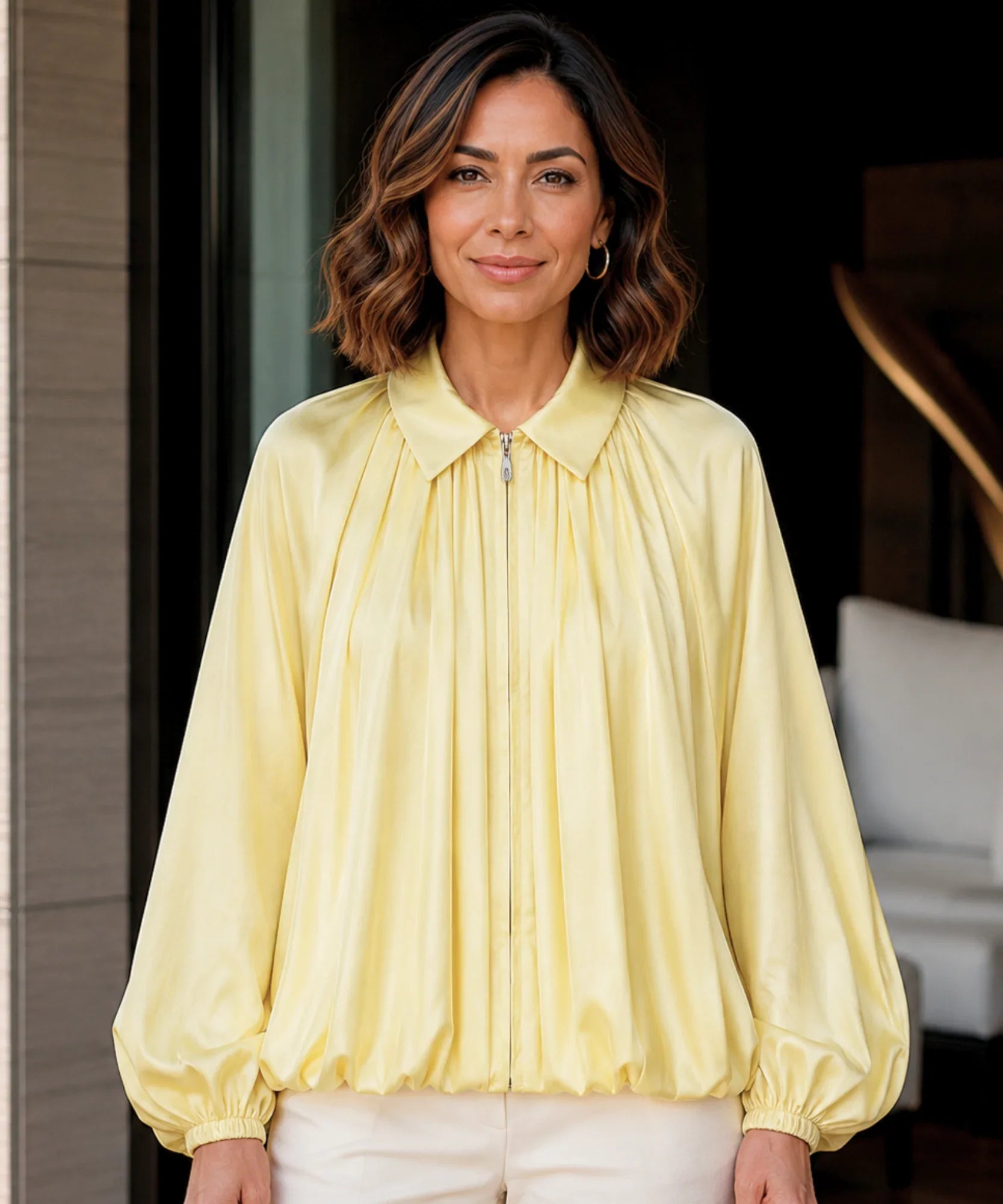 Women's Yellow Oversized Blouson Jacket with Balloon Sleeves