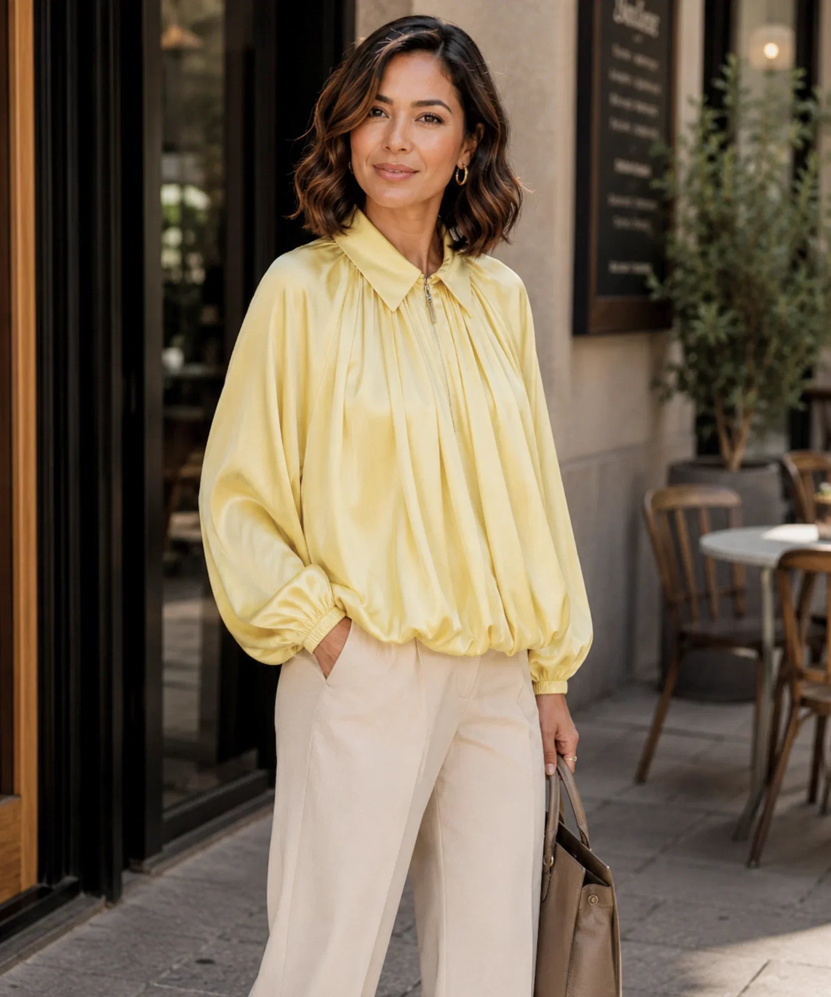 Women's Yellow Oversized Blouson Jacket with Balloon Sleeves