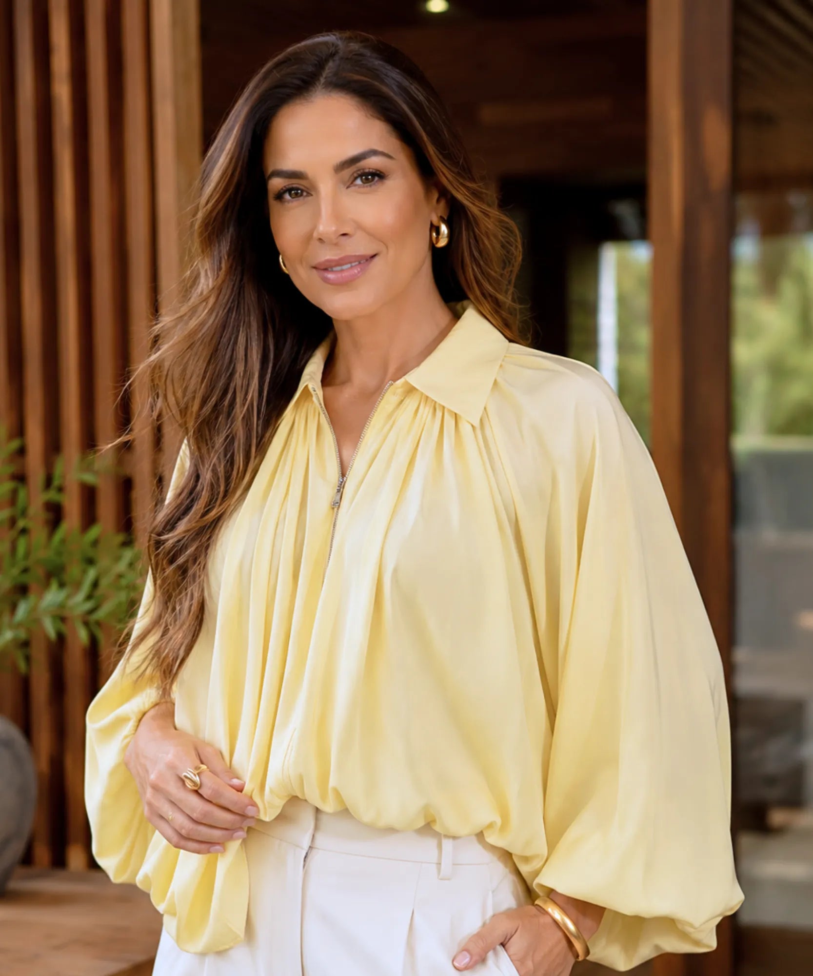 Women's Yellow Oversized Blouson Jacket with Balloon Sleeves