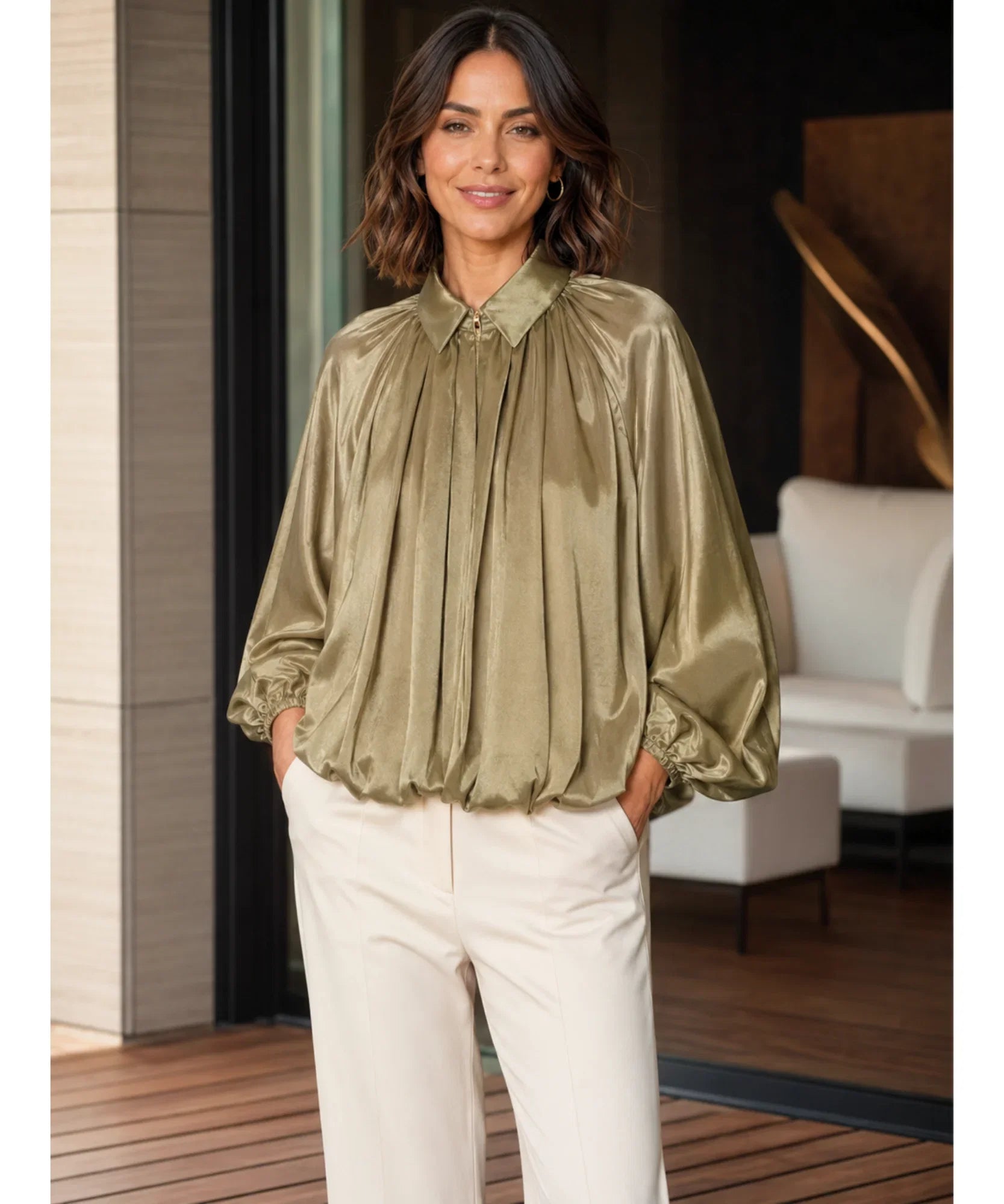 Women's Olive Oversized Blouson Jacket with Balloon Sleeves