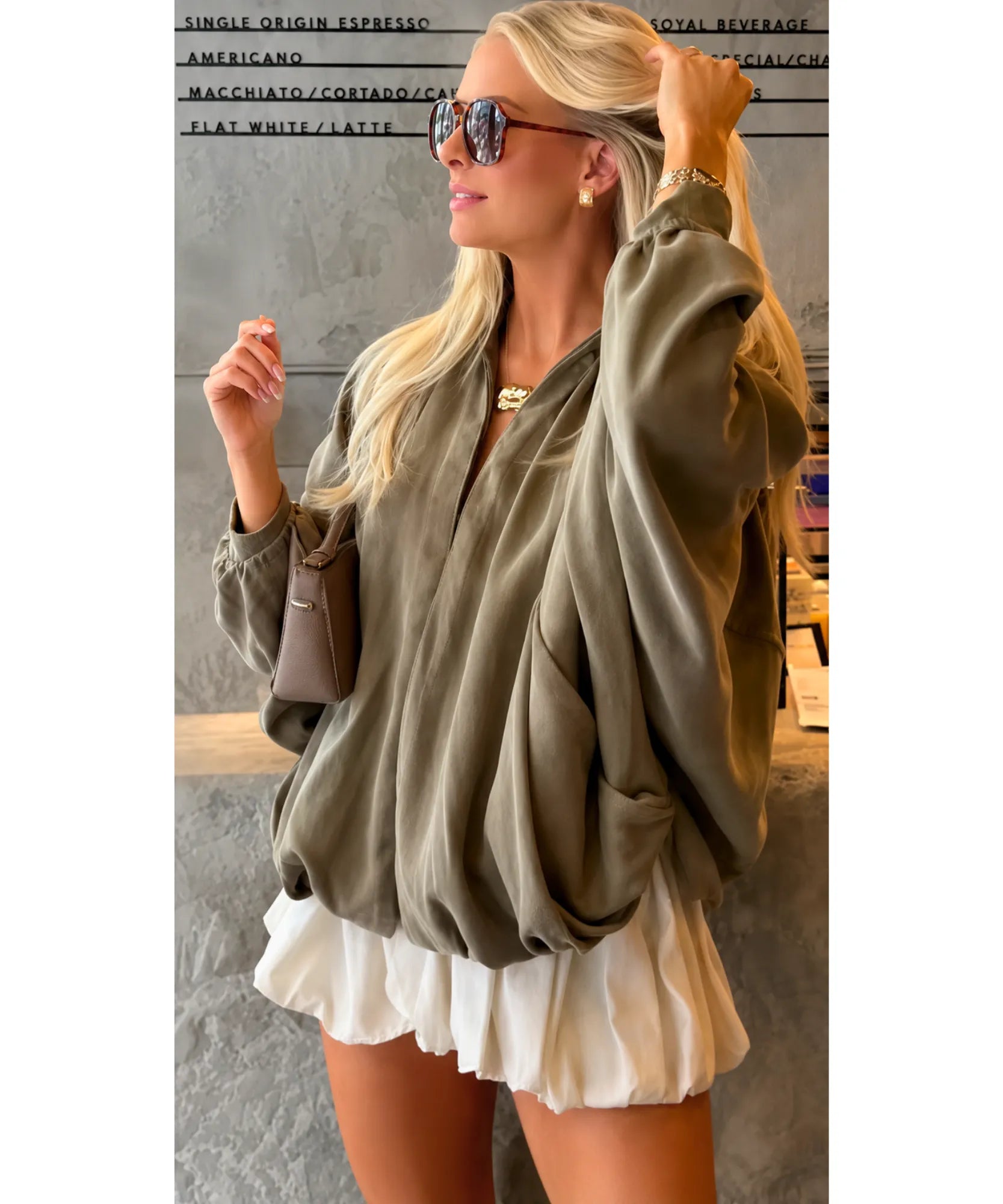 Women's Olive Oversized Blouson Jacket with Balloon Sleeves