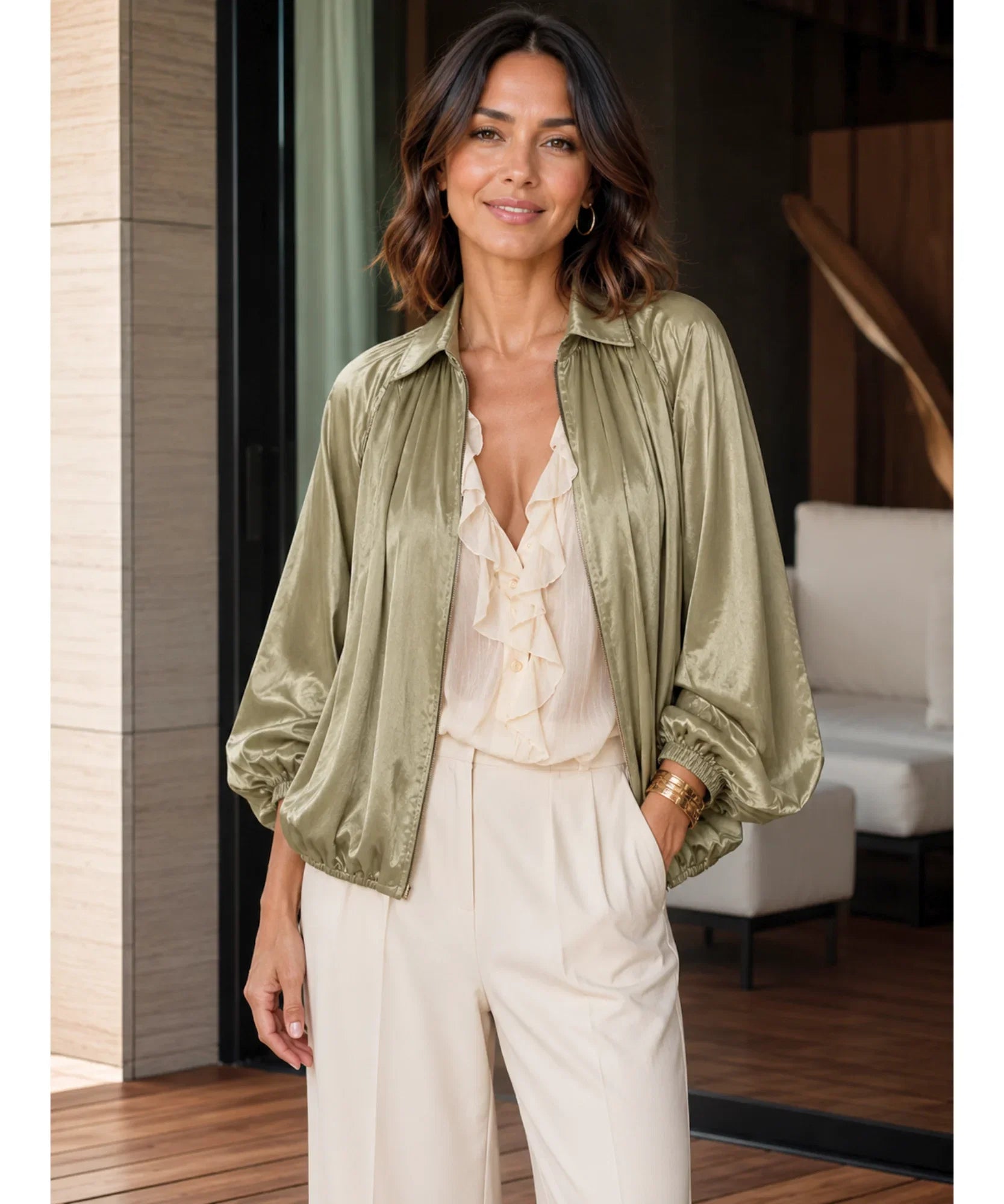 Women's Olive Oversized Blouson Jacket with Balloon Sleeves