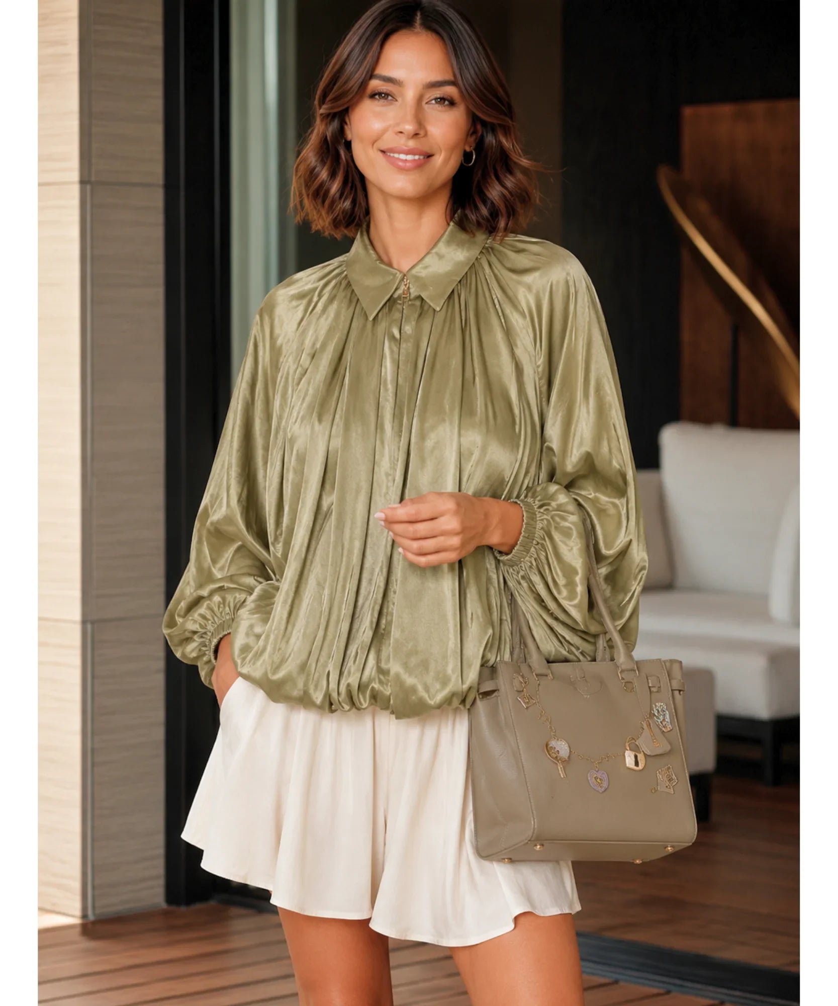 Women's Olive Oversized Blouson Jacket with Balloon Sleeves