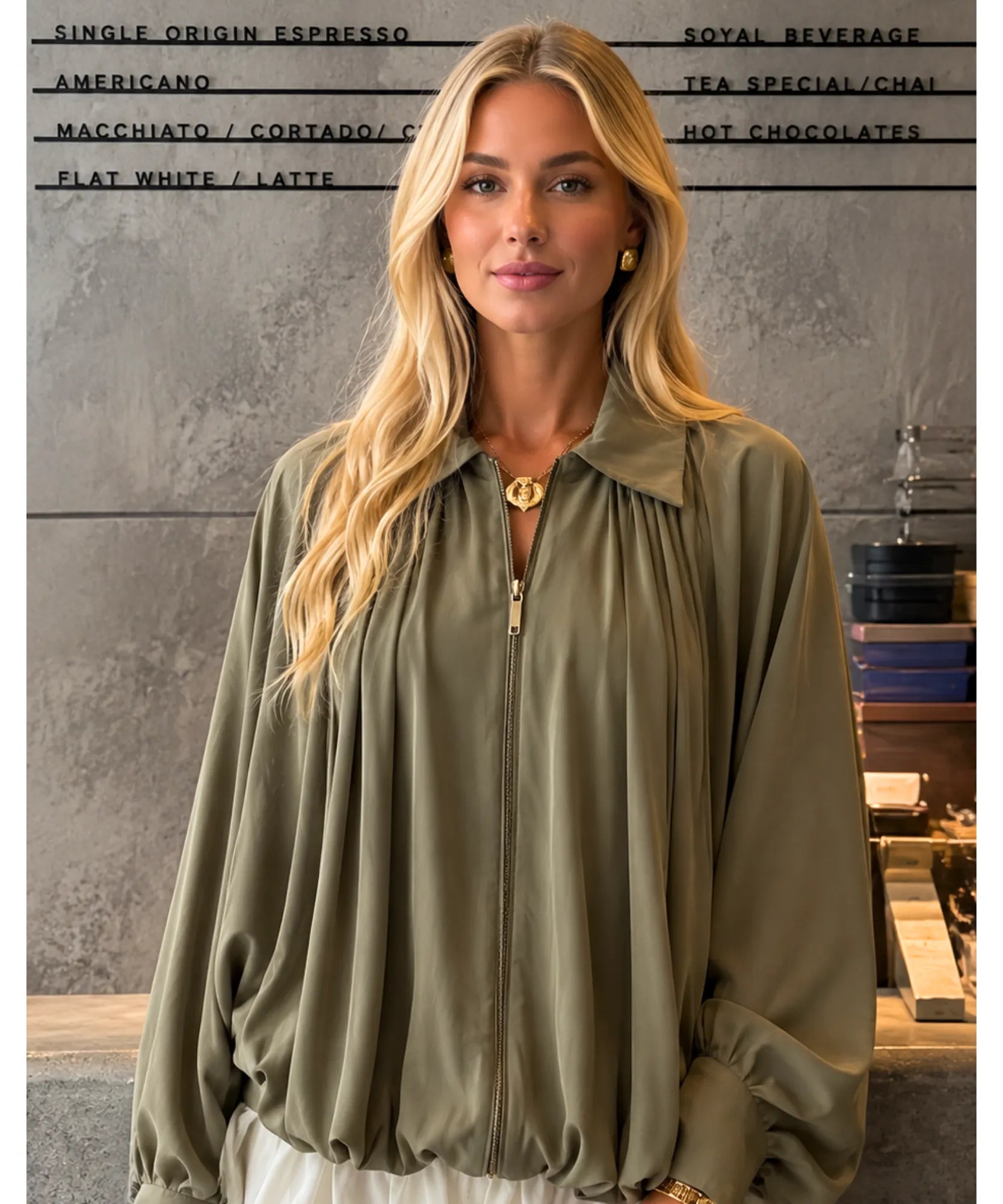 Women's Olive Oversized Blouson Jacket with Balloon Sleeves