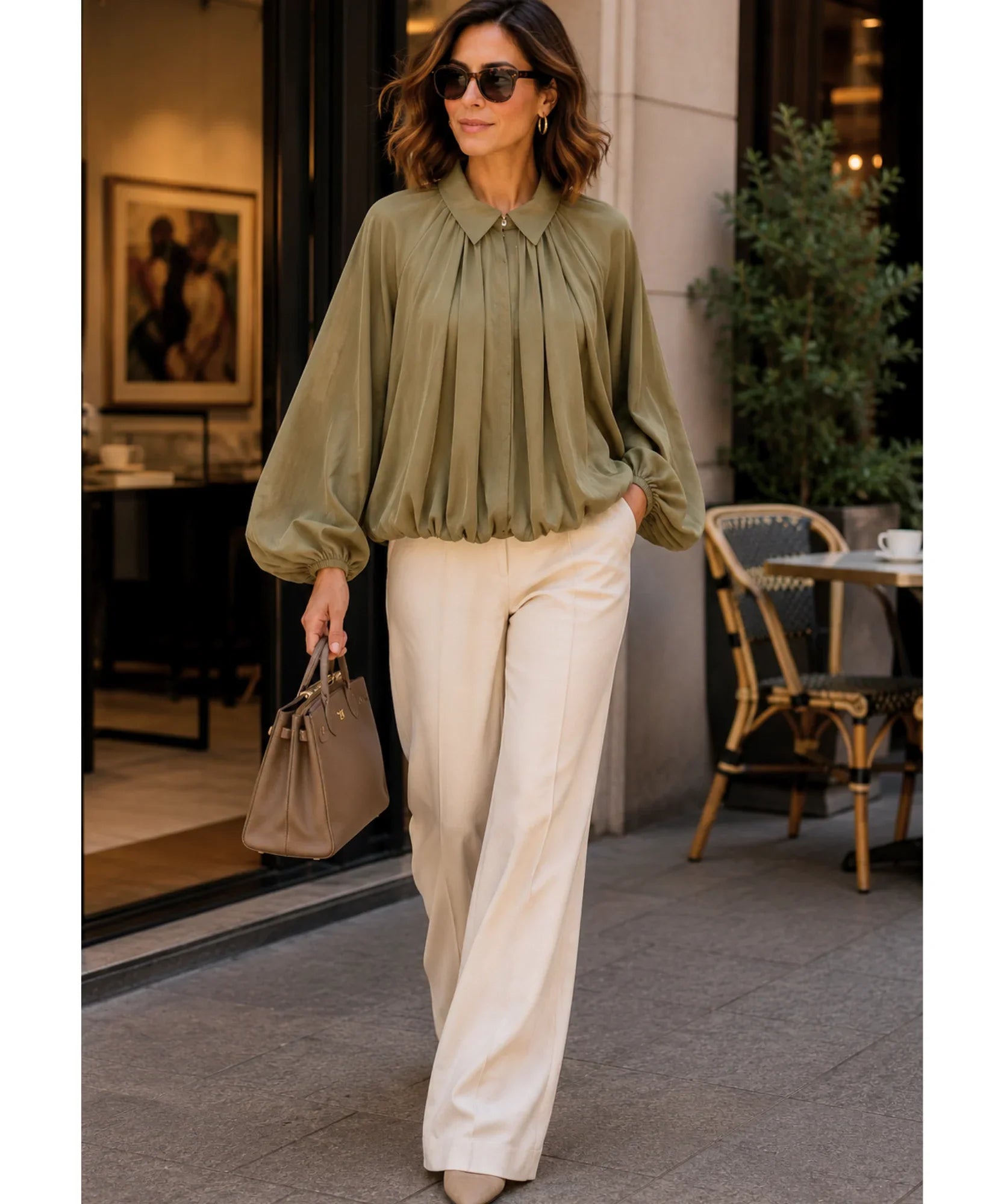 Women's Olive Oversized Blouson Jacket with Balloon Sleeves