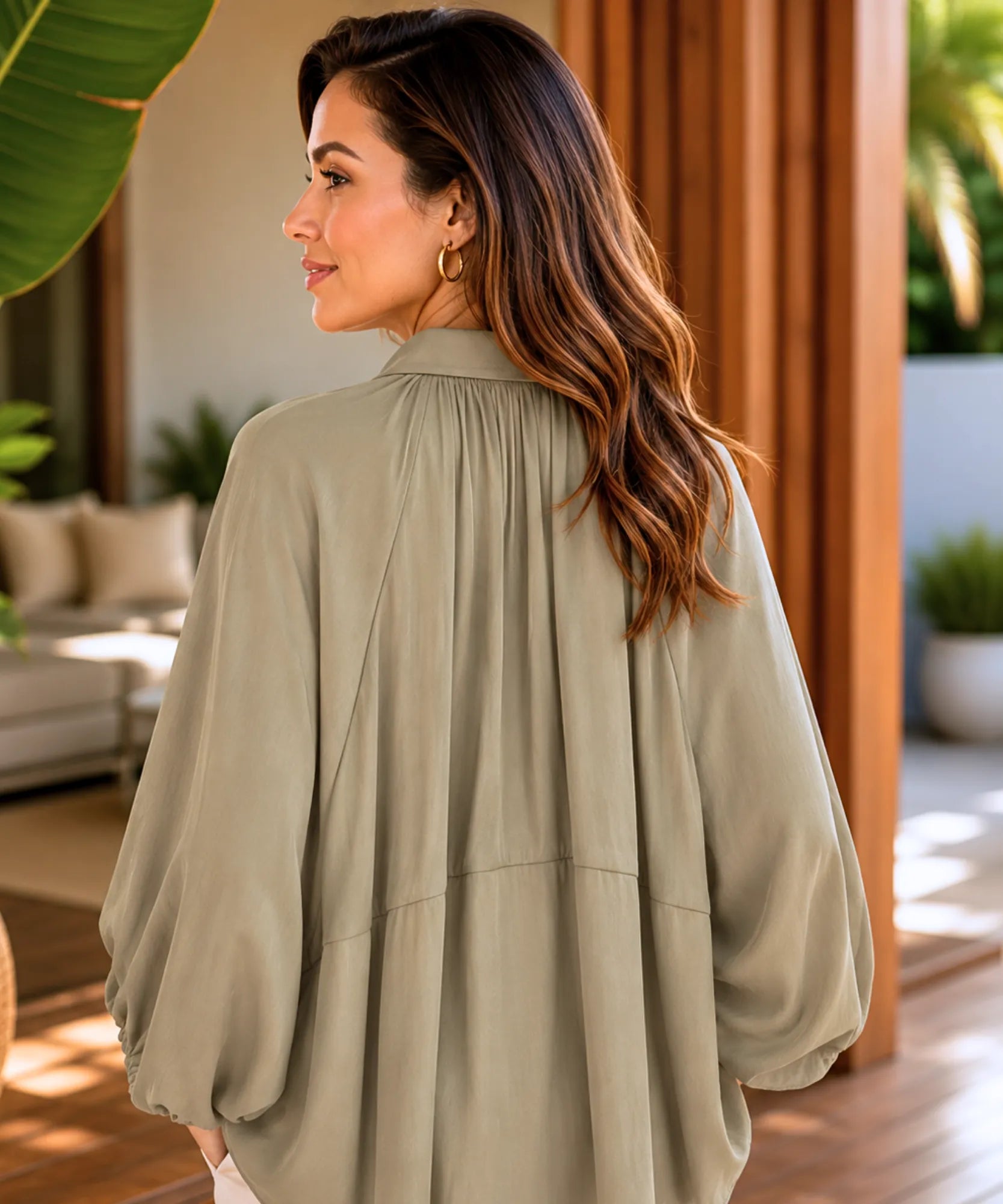 Women's Olive Oversized Blouson Jacket with Balloon Sleeves