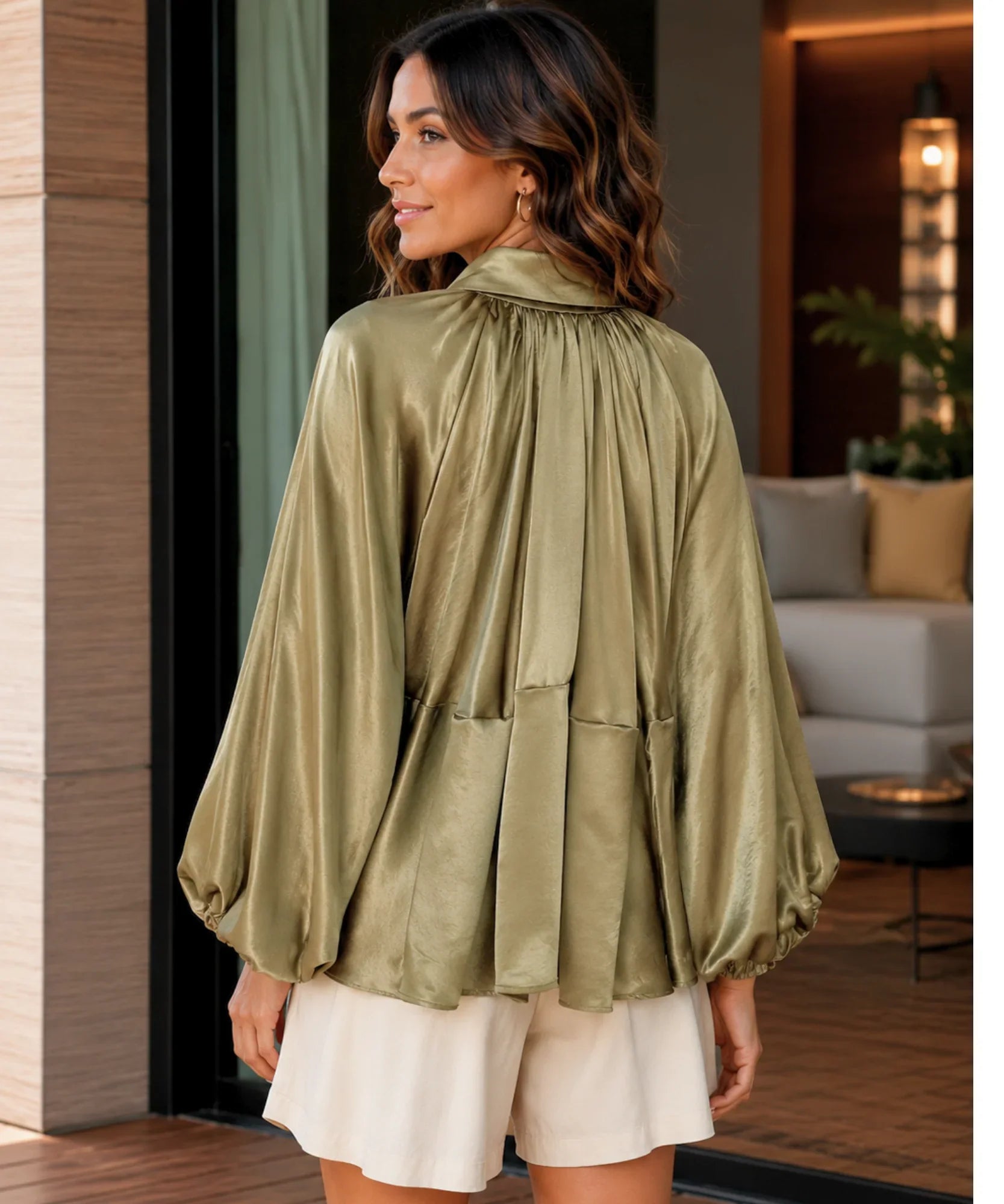 Women's Olive Oversized Blouson Jacket with Balloon Sleeves