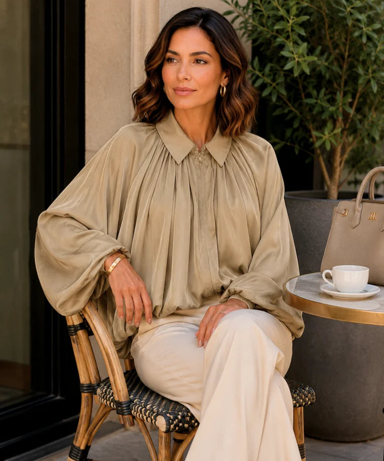 Women's Taupe Oversized Blouson Jacket with Balloon Sleeves