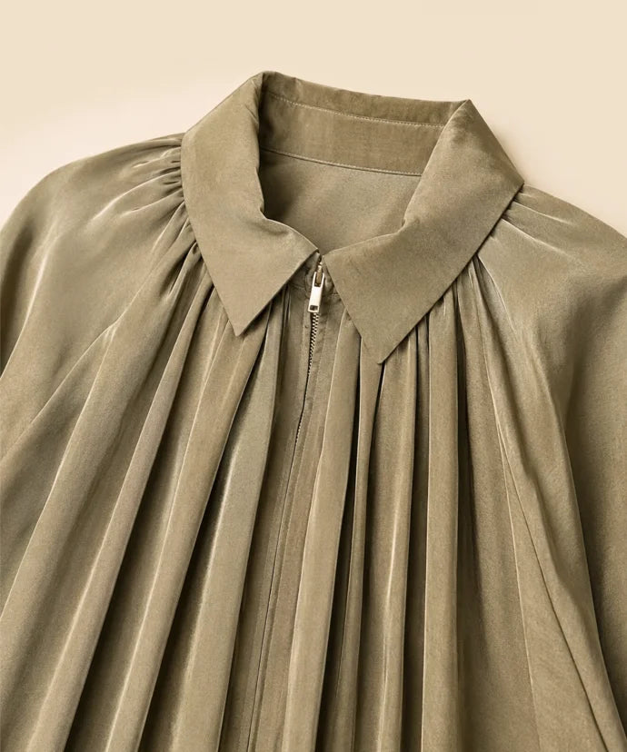 Women's Olive Blouson Jacket, Collar and Zip Detail