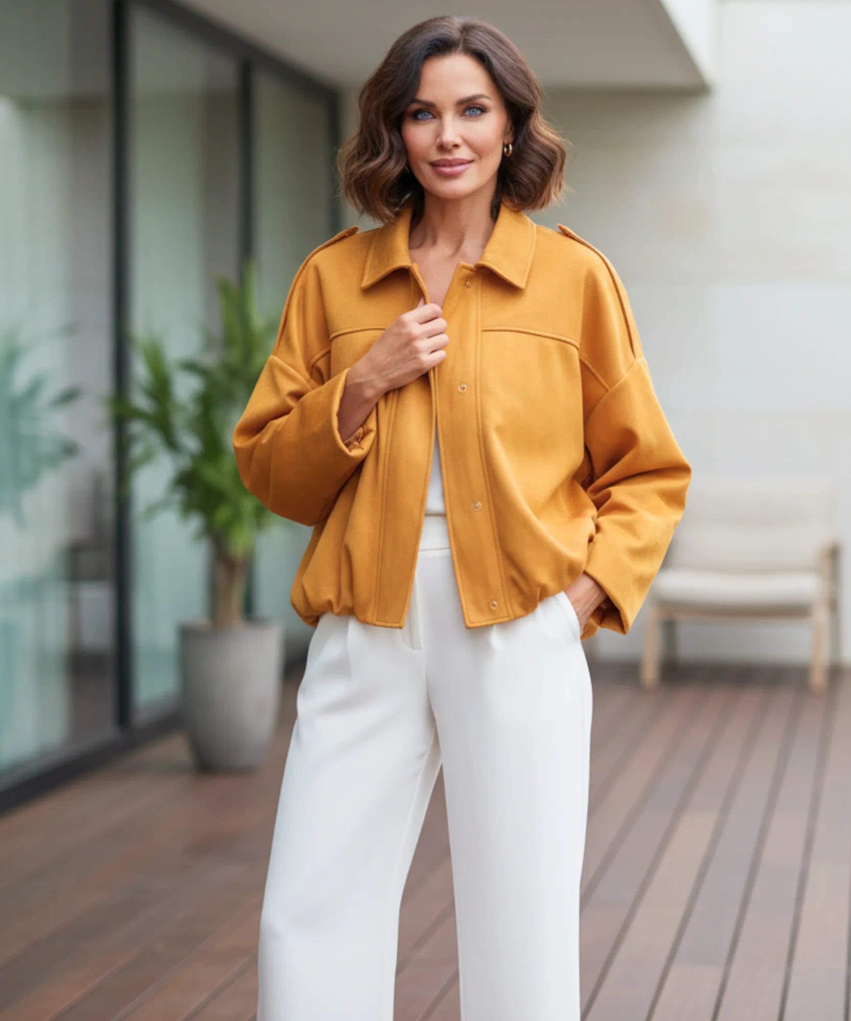 Women's oversized suede jacket in yellow