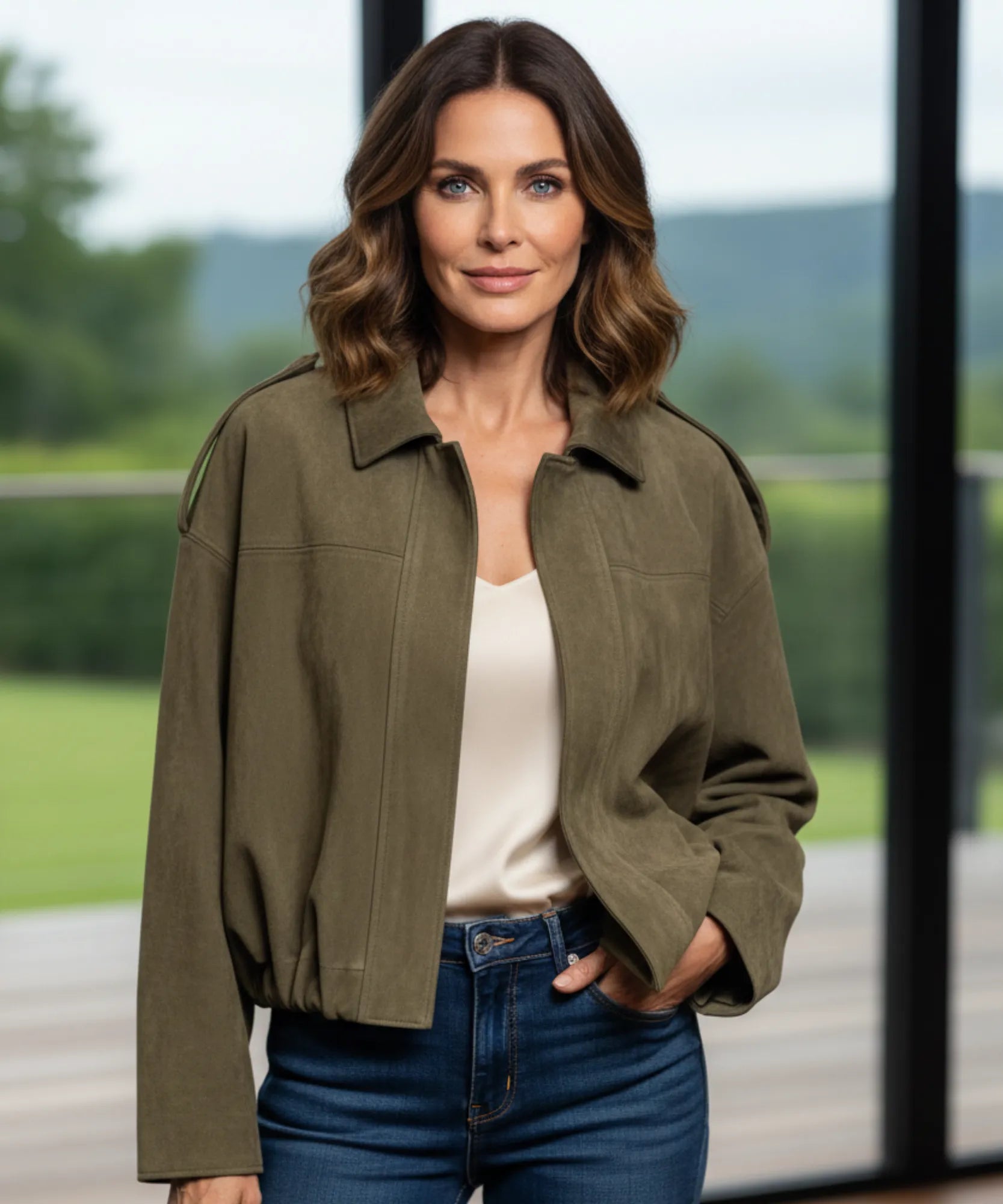 Women's oversized suede jacket in kelly green