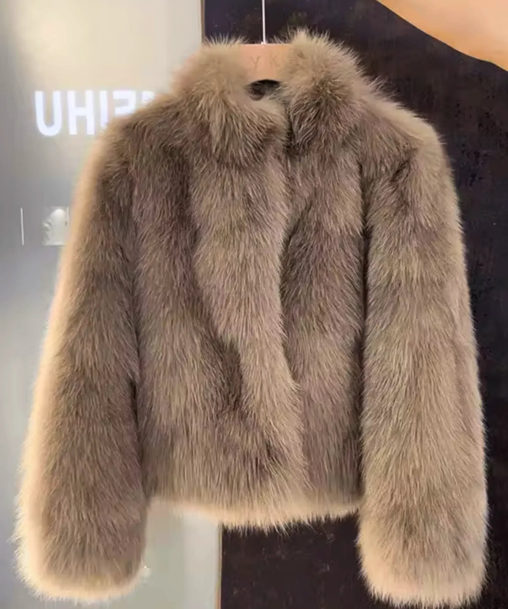 Women's Taupe Shaggy Vegan Fur Jacket, Detail View