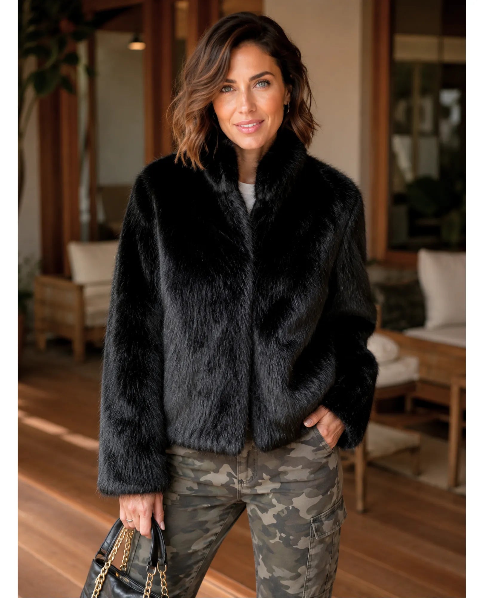 Women's Black Shaggy Vegan Fur Jacket, Styled Look