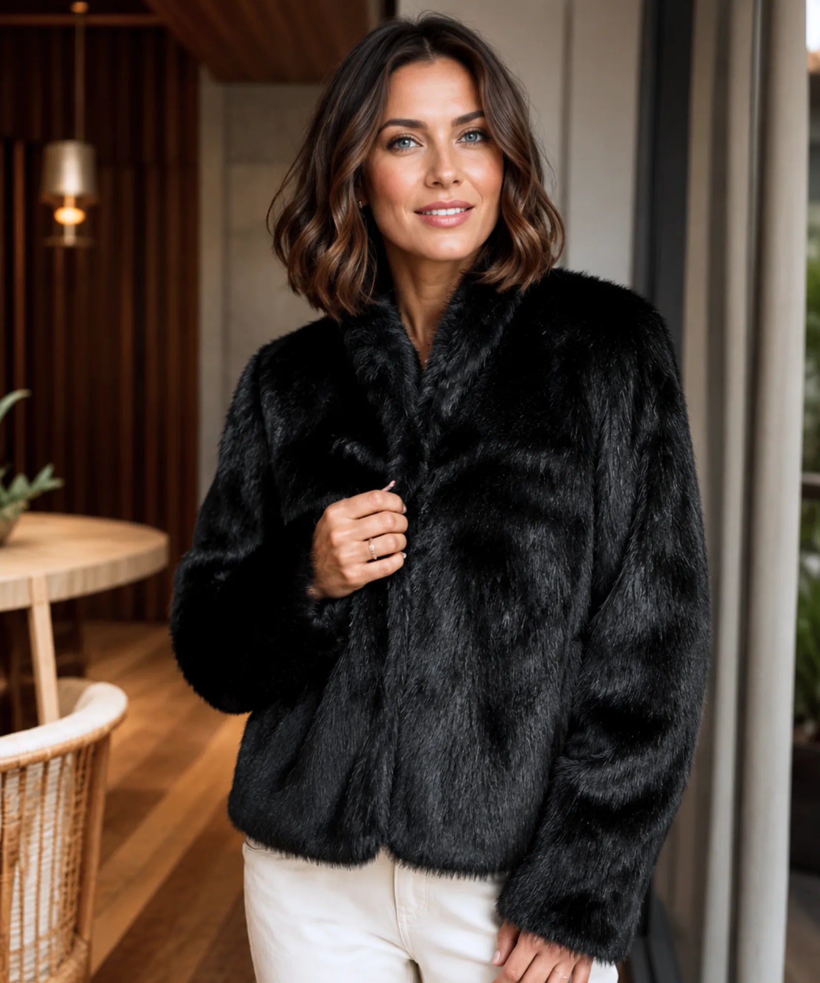 Women's Black Shaggy Vegan Fur Jacket
