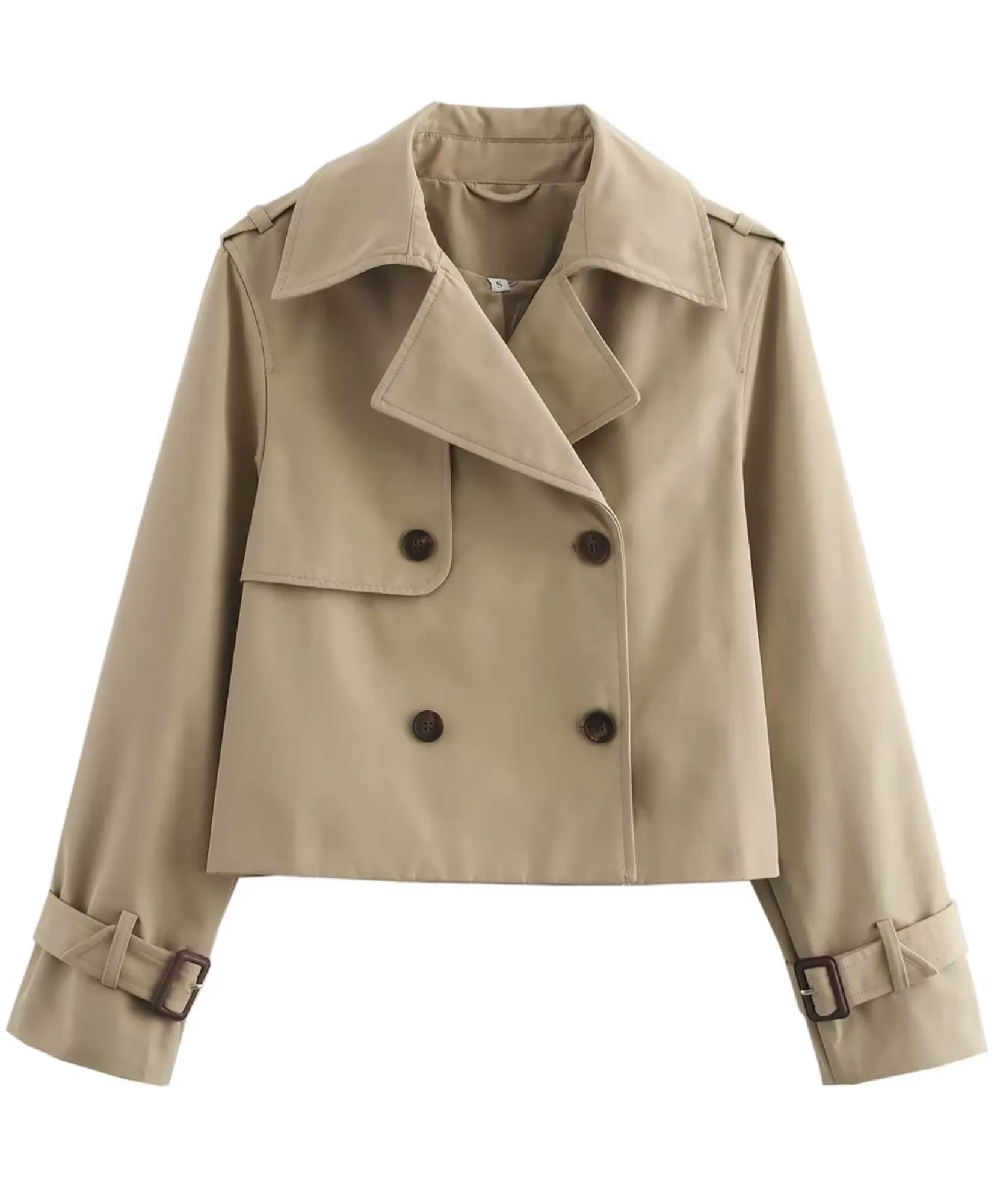 Women's Beige Cropped Trench Coat with Buckle Cuffs
