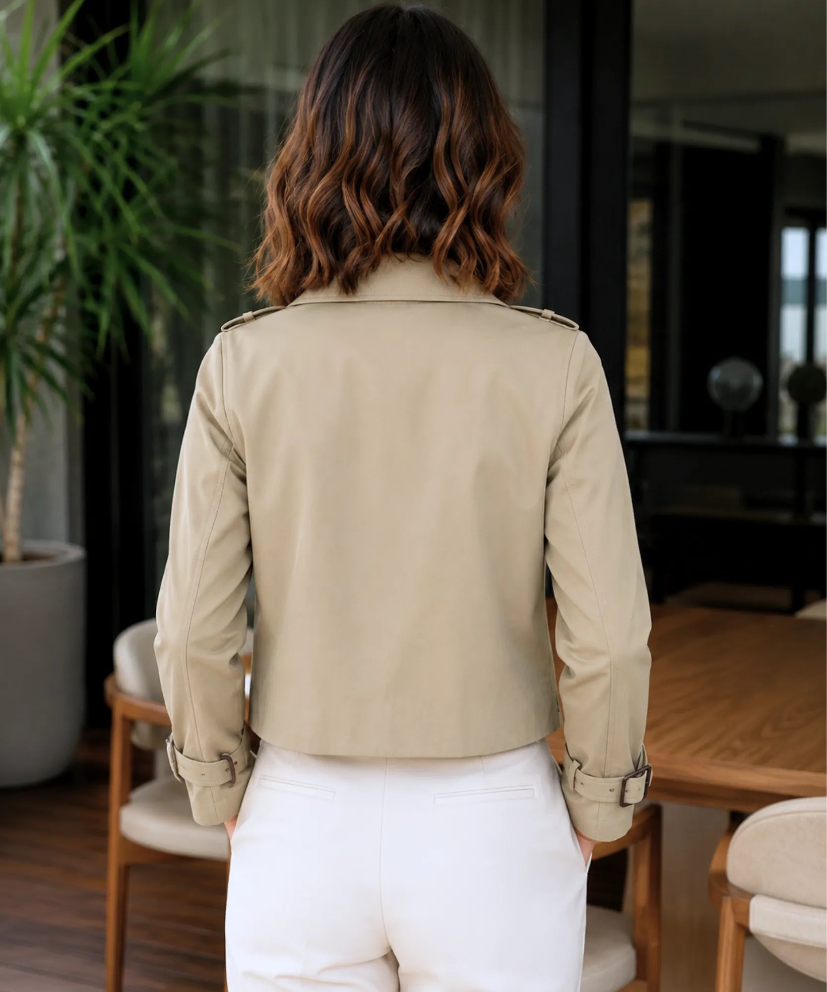 Women's Beige Cropped Trench Coat with Buckle Cuffs