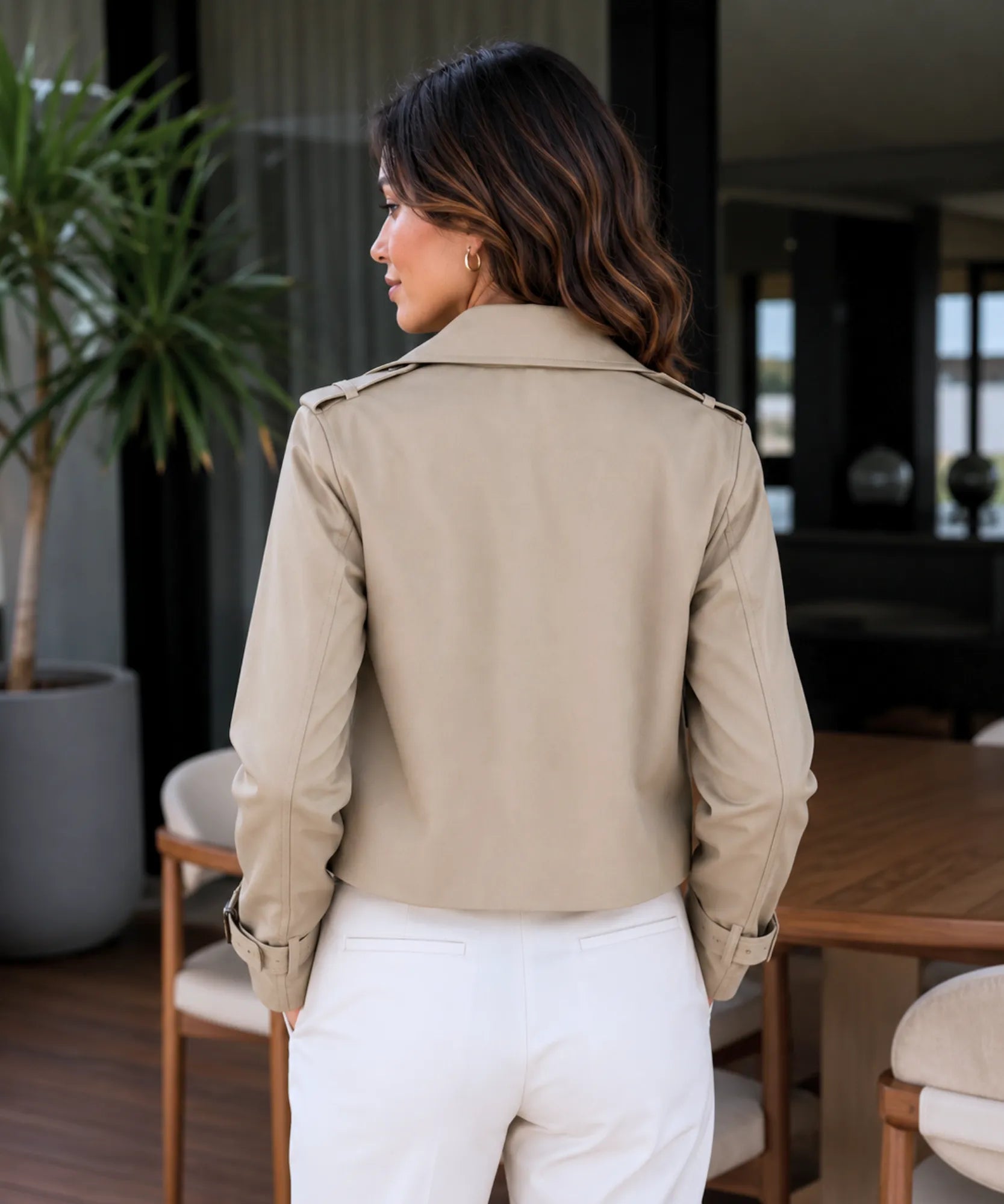 Women's Beige Cropped Trench Coat with Buckle Cuffs