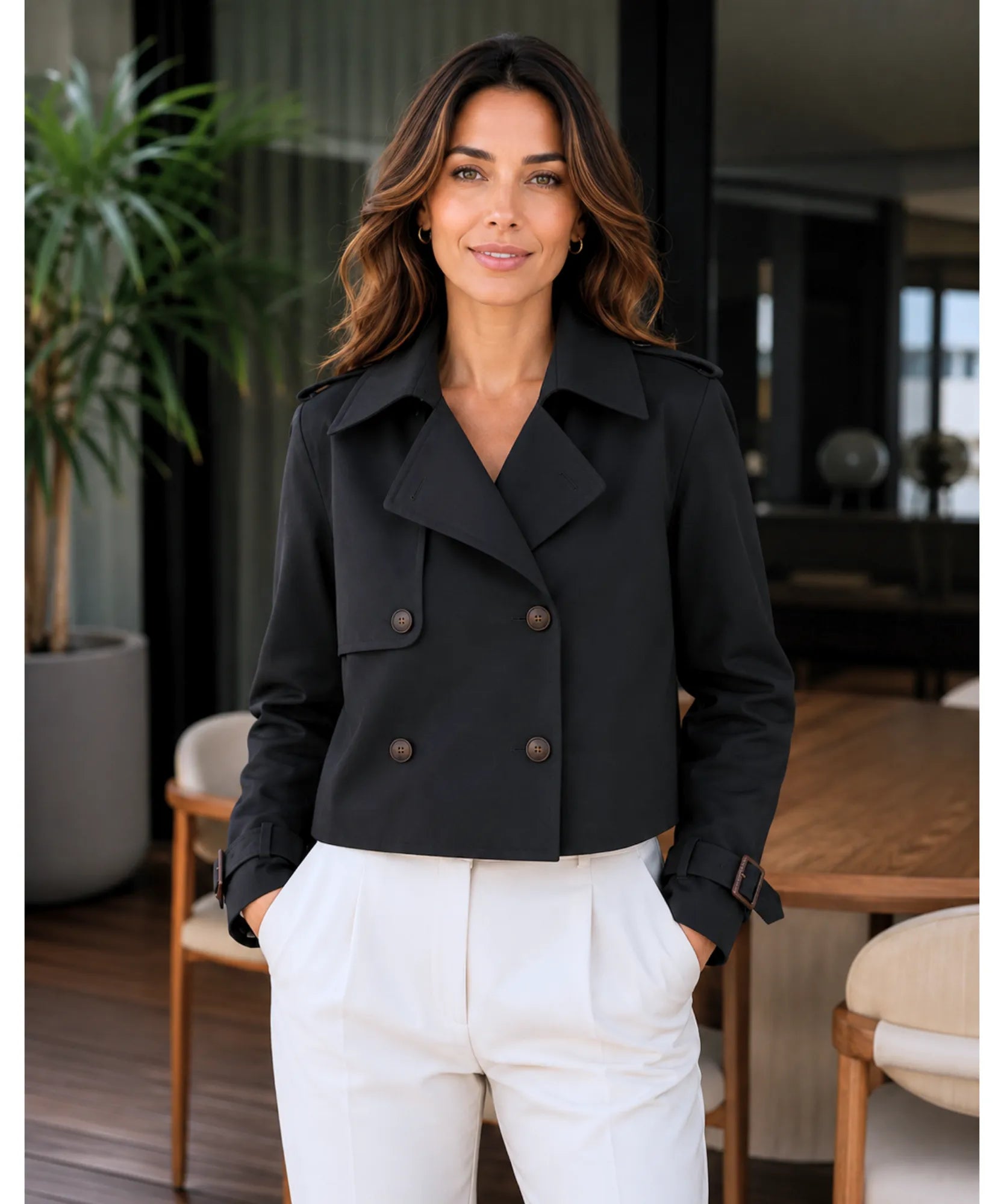 Women's Black Cropped Trench Coat with Buckle Cuffs