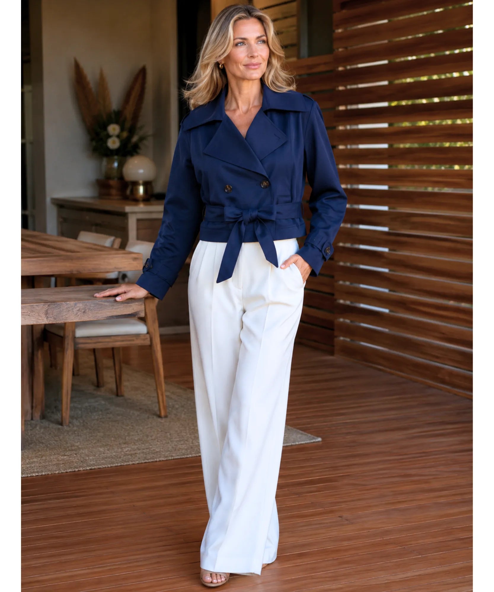 Women's Navy Belted Cropped Trench Coat, Styled Look