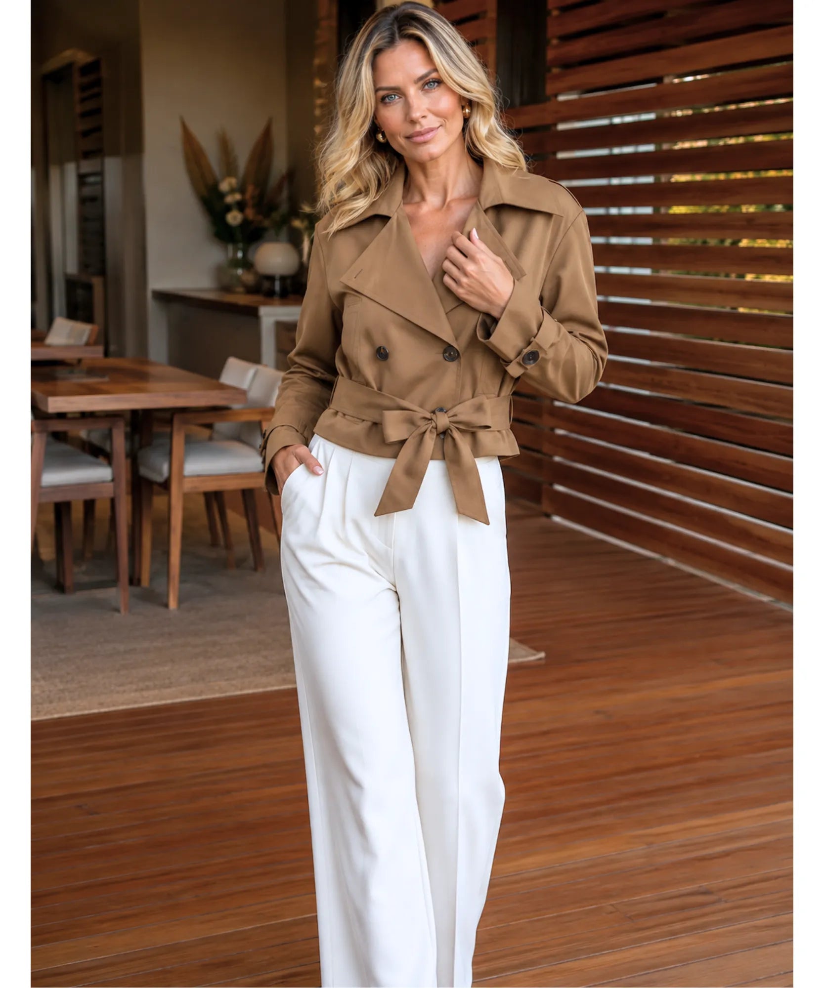 Women's Ivory Belted Cropped Trench Coat, Front View