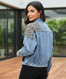 Front view of the oversized leopard print denim jacket