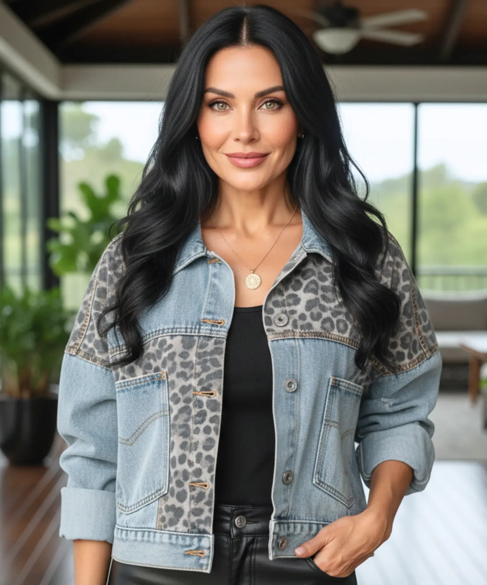 Woman wearing an oversized leopard print denim jacket in blue