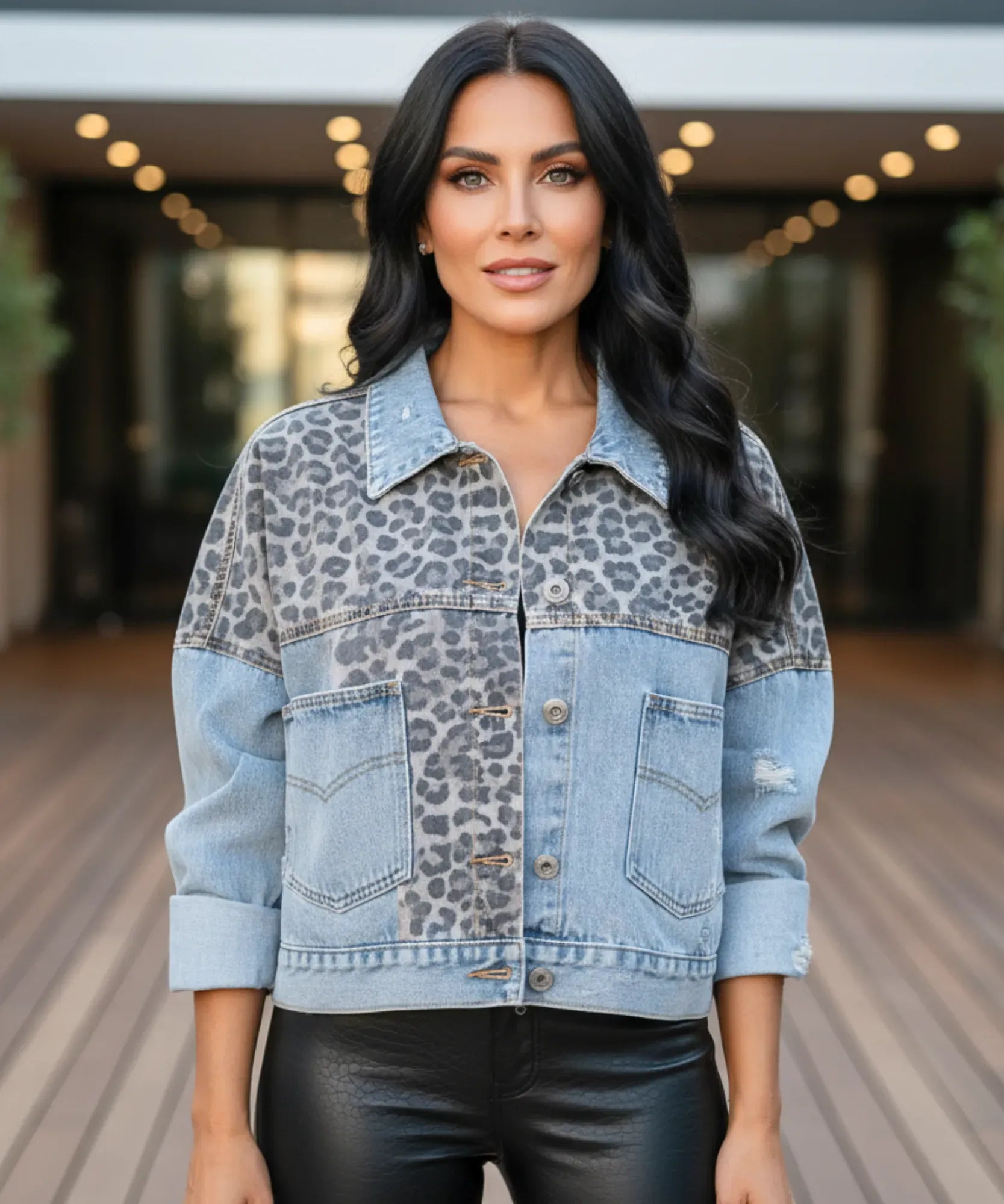 Leopard print denim jacket styled with jeans