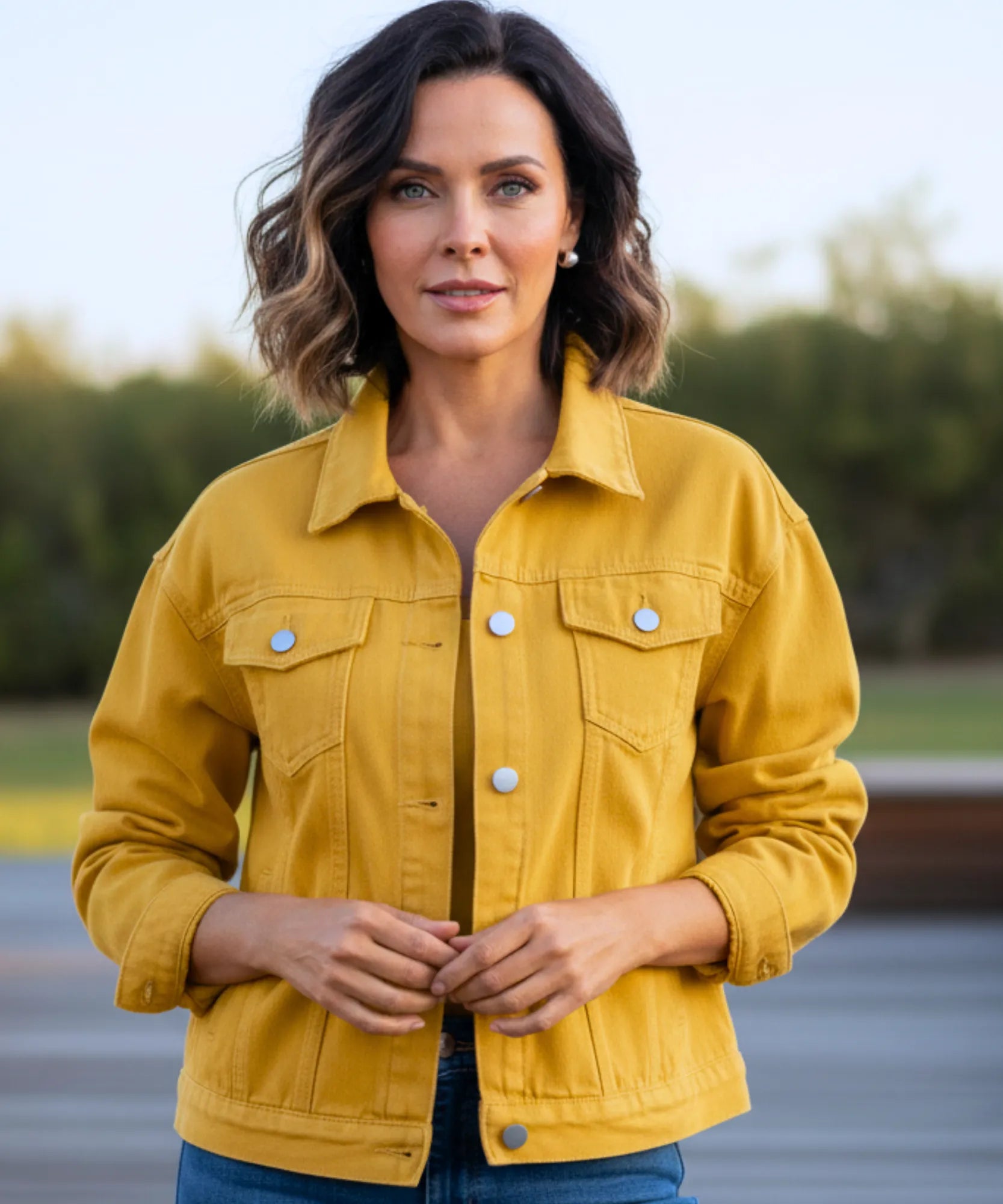 Women's yellow oversized denim jacket, styled look