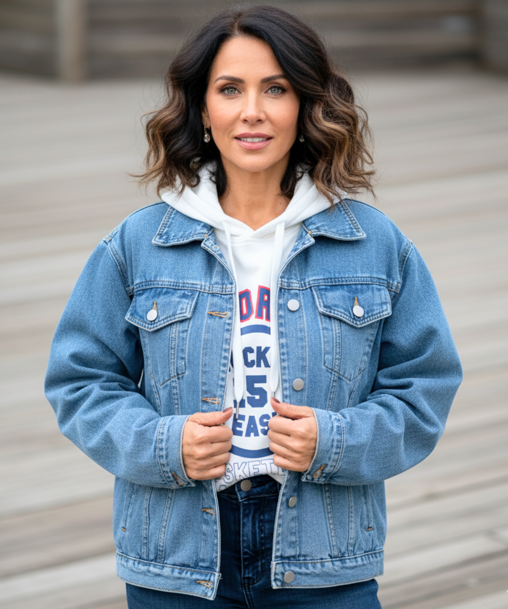 Women's denim blue oversized denim jacket, front view