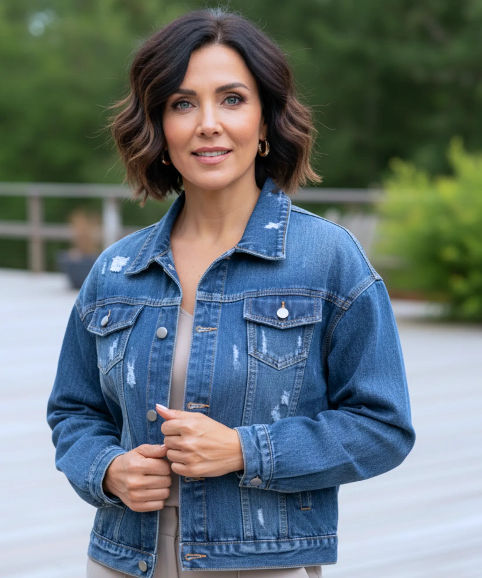 Women's denim blue oversized denim jacket, detail view