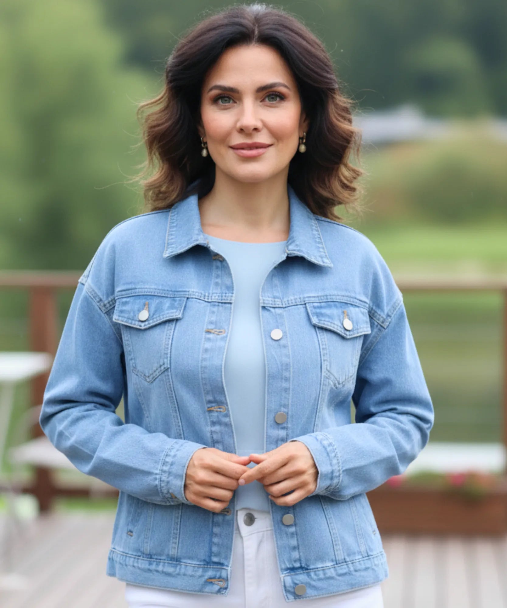 Women's denim blue oversized denim jacket, styled look