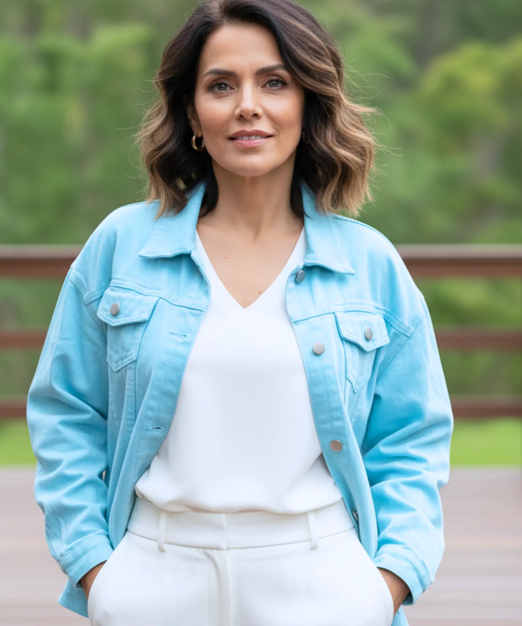 Women's denim blue oversized denim jacket, side view